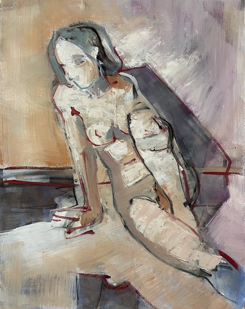 S.M. Seated, Oil on Panel, 11 by 14 inches, 2023.