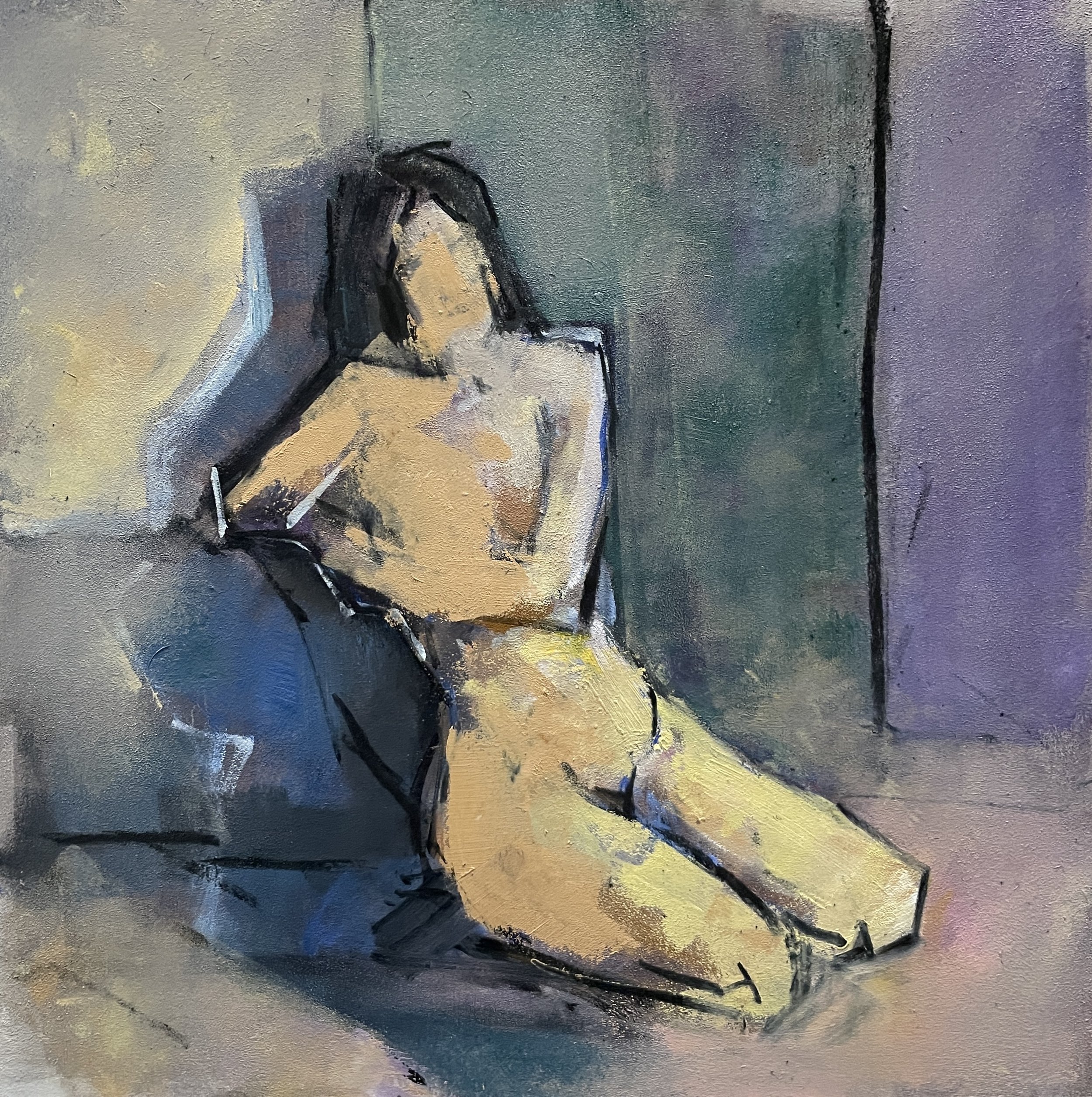 A.M. Seated, Oil on Panel, 8 by 8 inches, 2022.