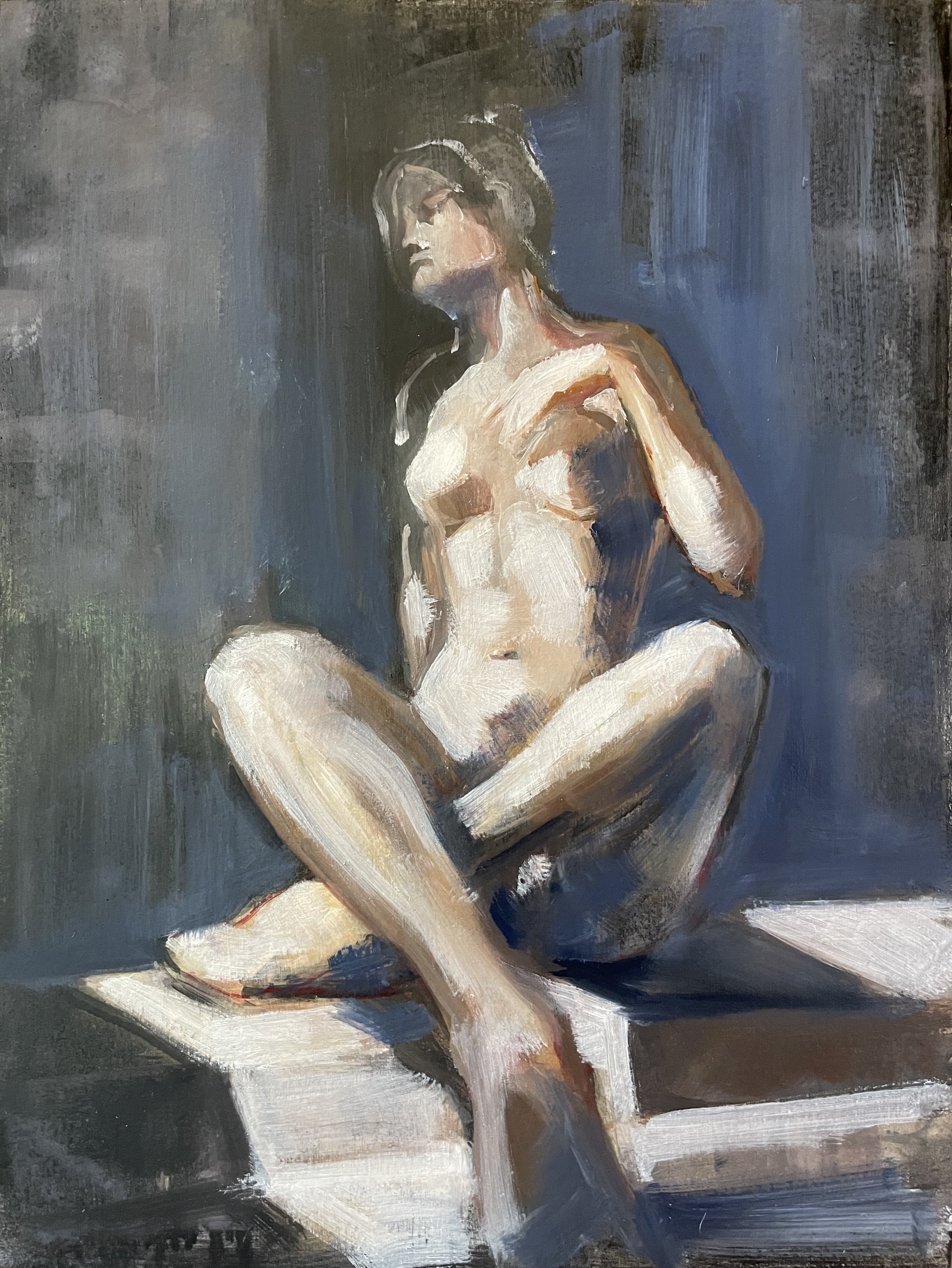 V.V. Seated, Oil on panel, 12 by 16 inches, 2022.