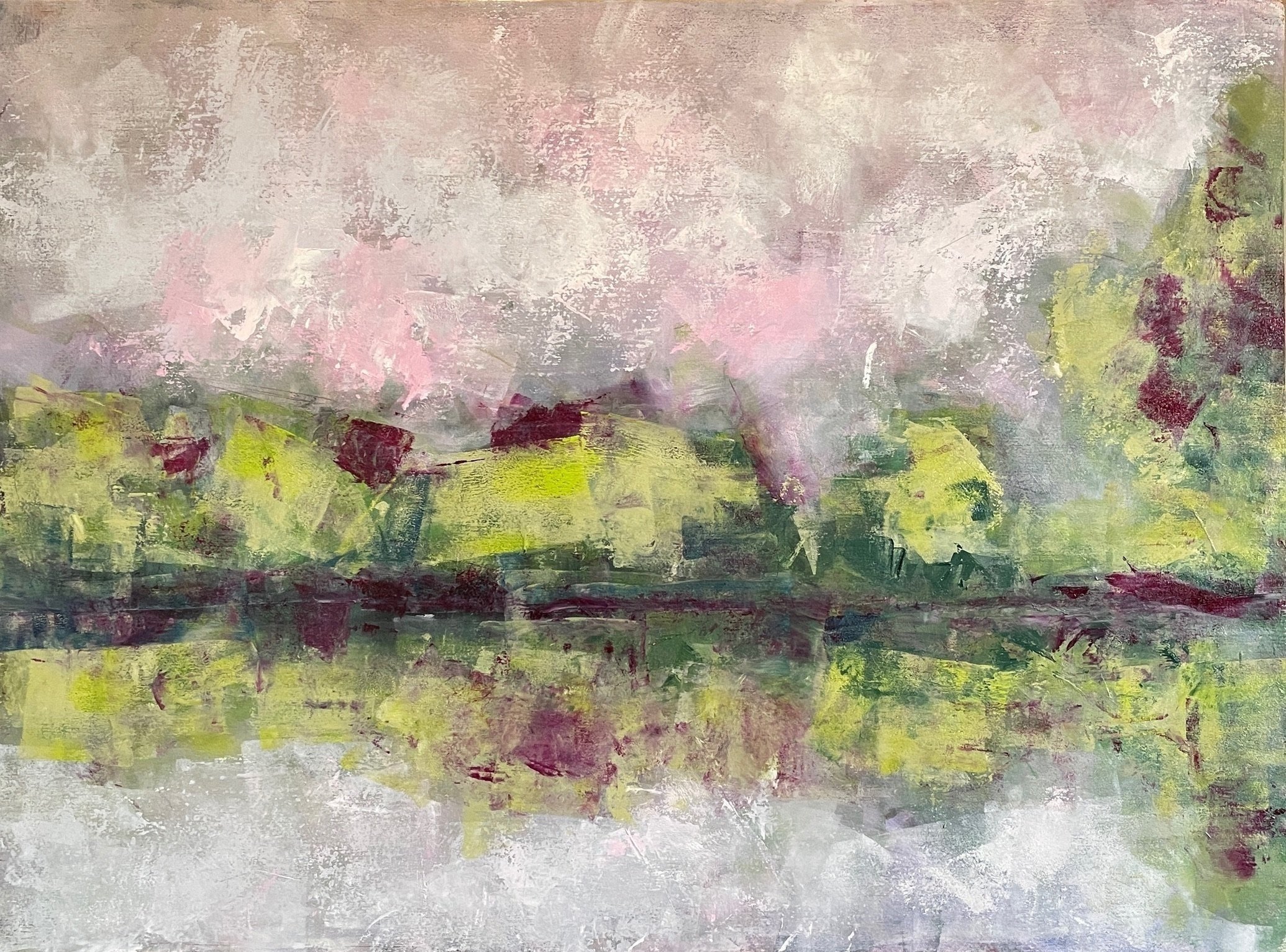 Lake Scape Spring Fog, Oil on Panel, 20 by 24 inches, 2023.