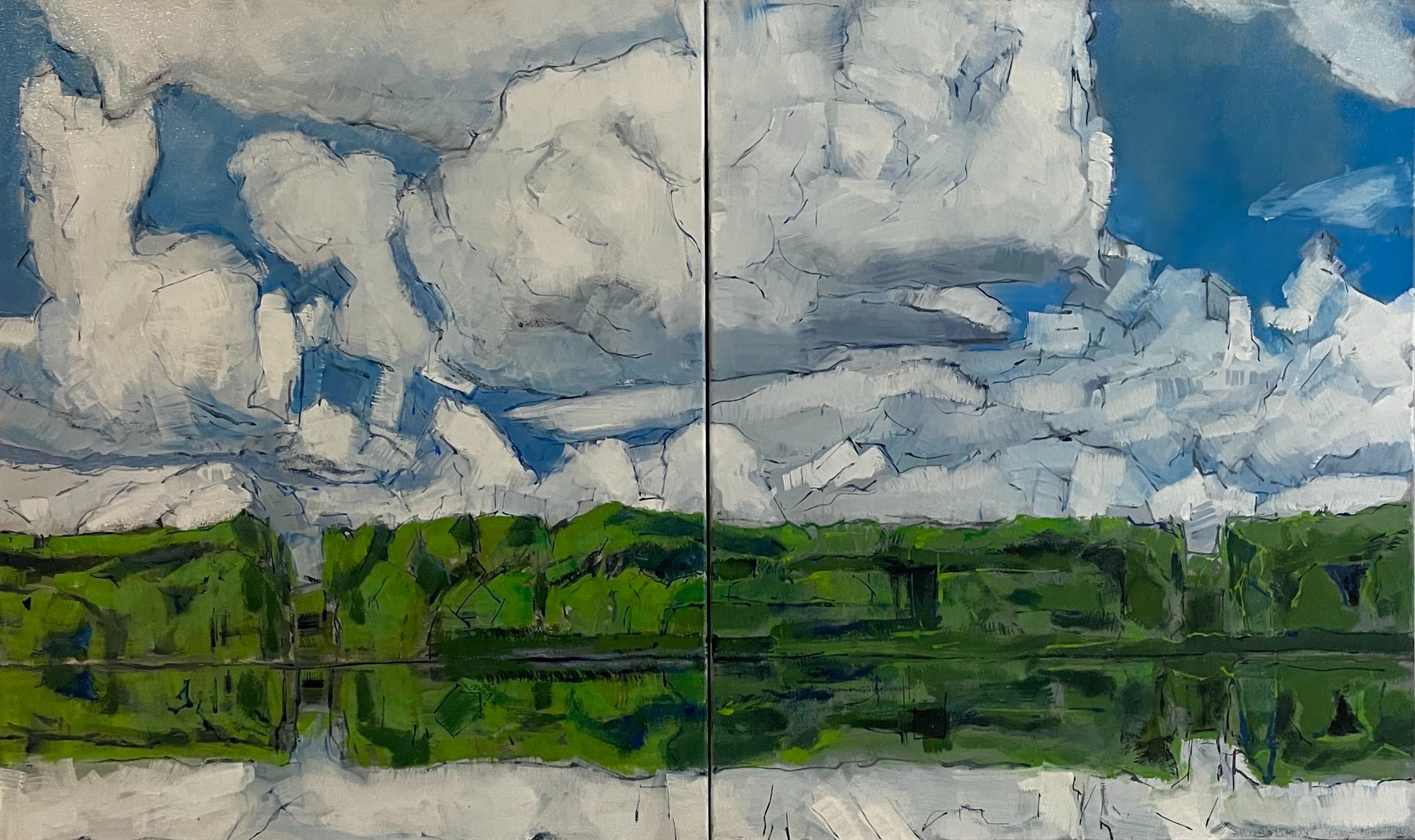 Lake Scape Variation Duo, Oil on Panel, 40 by 24 inches, 2021.