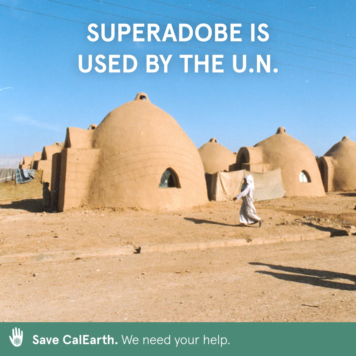 In 1995, Nader Khalili partnered with the UNDP and the UNHCR to apply his Mars research to providing emergency shelter for Iraqi refugees seeking safe harbor at the Baninajar camp in Khuzenstan, Iran. Using only “the tools of war”—barbed wire and sandbags—refugees built 15 domed shelters using his SuperAdobe system. Help save CalEarth and make this powerful tool accessible to even more people worldwide. calearth.org/donate #calearth #savecalearth #superadobe