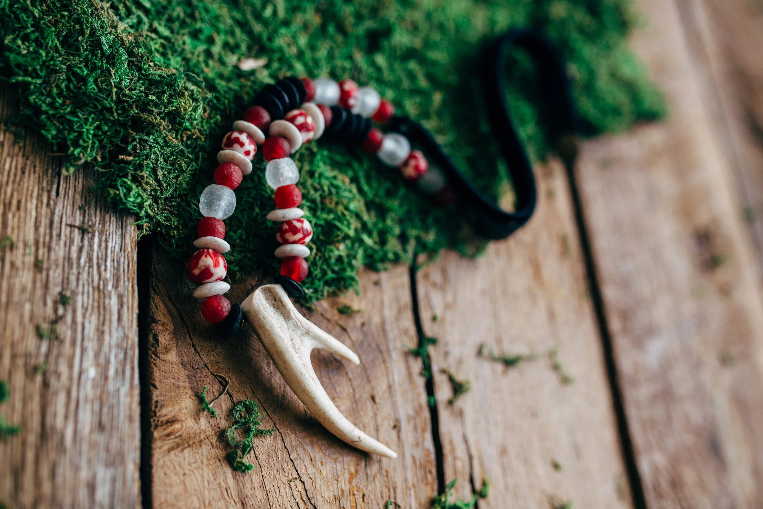 Double Tip Antler on Trade Beads and Black Leather
