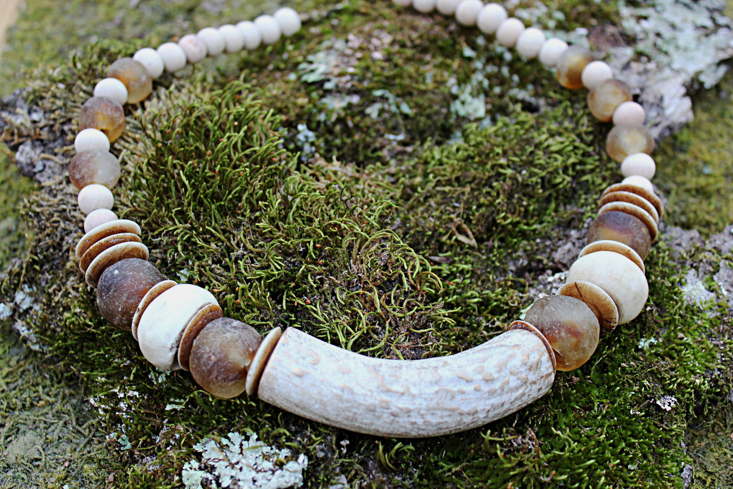 Gold Brushed Antler Collar with Recycled Glass Trade Beads