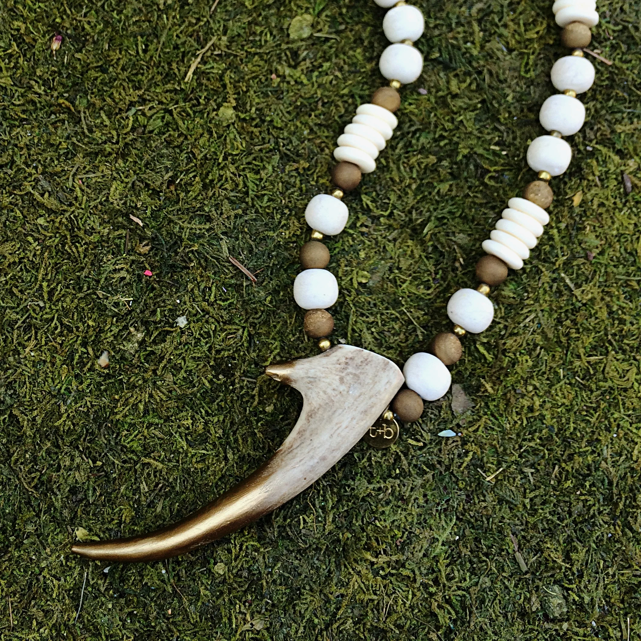 Gold Dipped Double Tip with Clay Beads, Agate Rounds and Bone Discs
