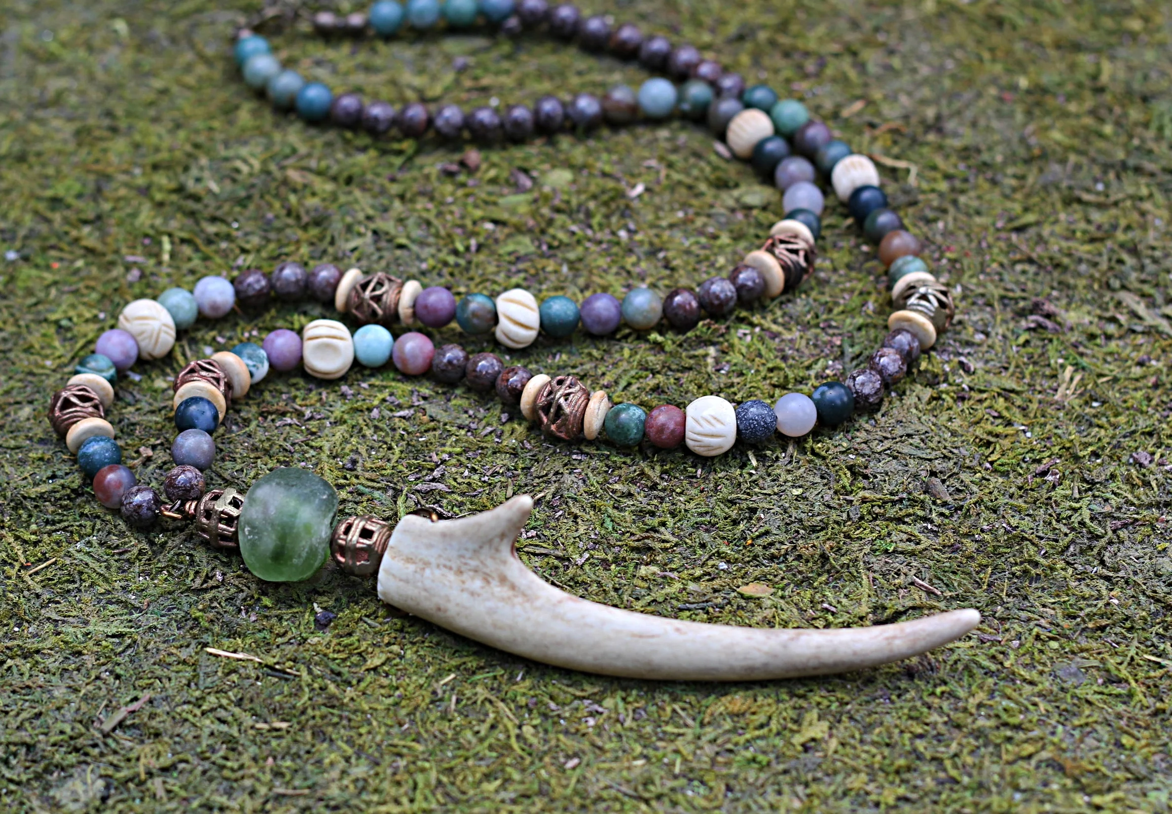 Single Point Antler with Green Trade Bead Pendant on Indian Agate