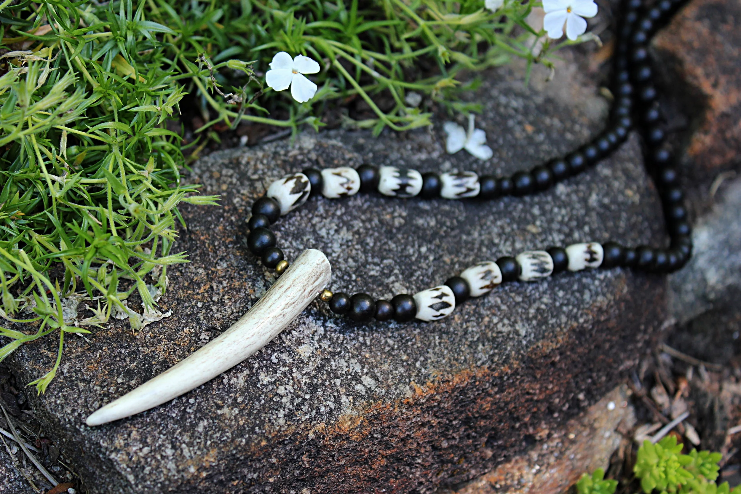 Antler Tip on Batik African Trade Beads and Driftwood