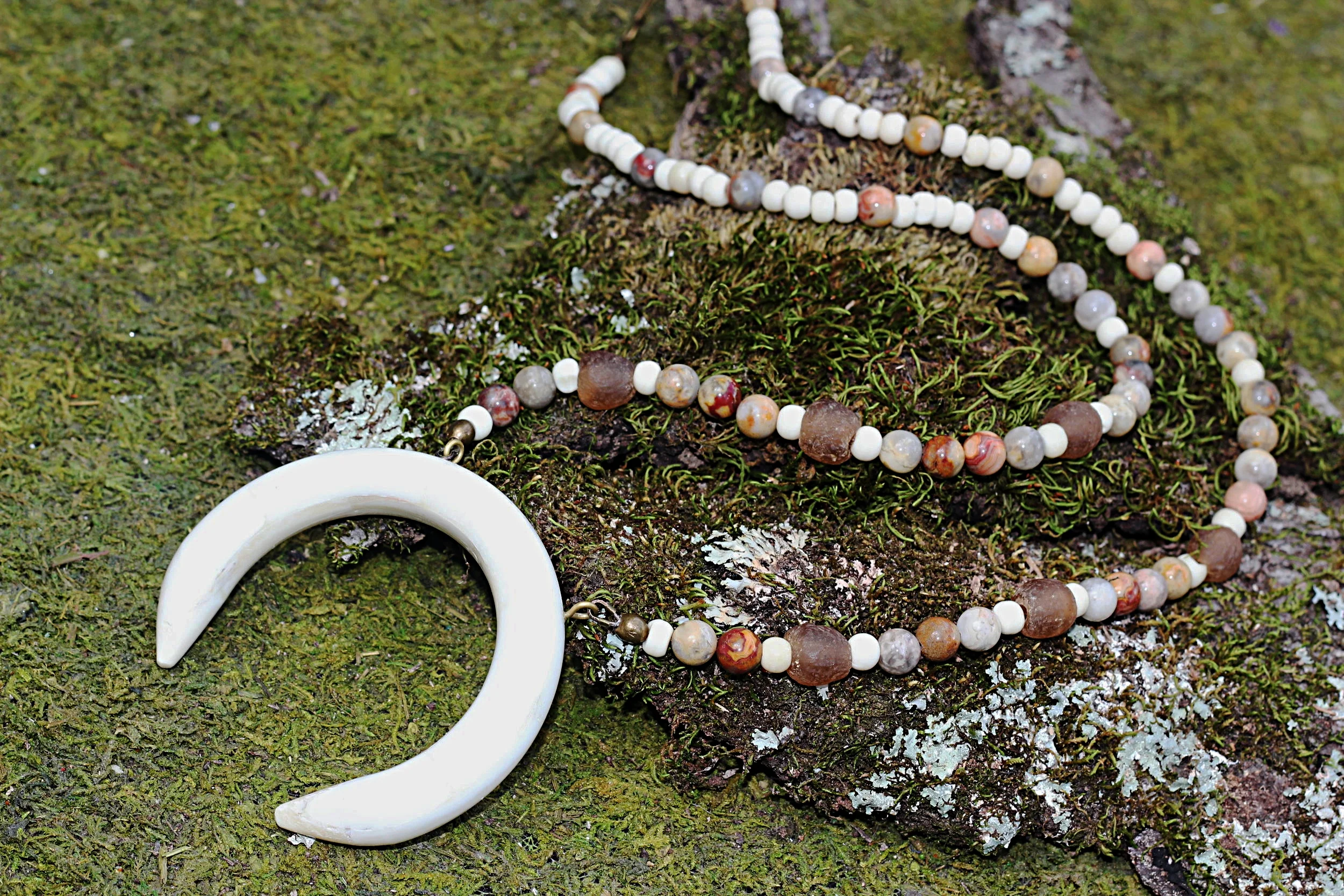 Crescent on African Trade Beads and Agate Stones (ADJUSTABLE)
