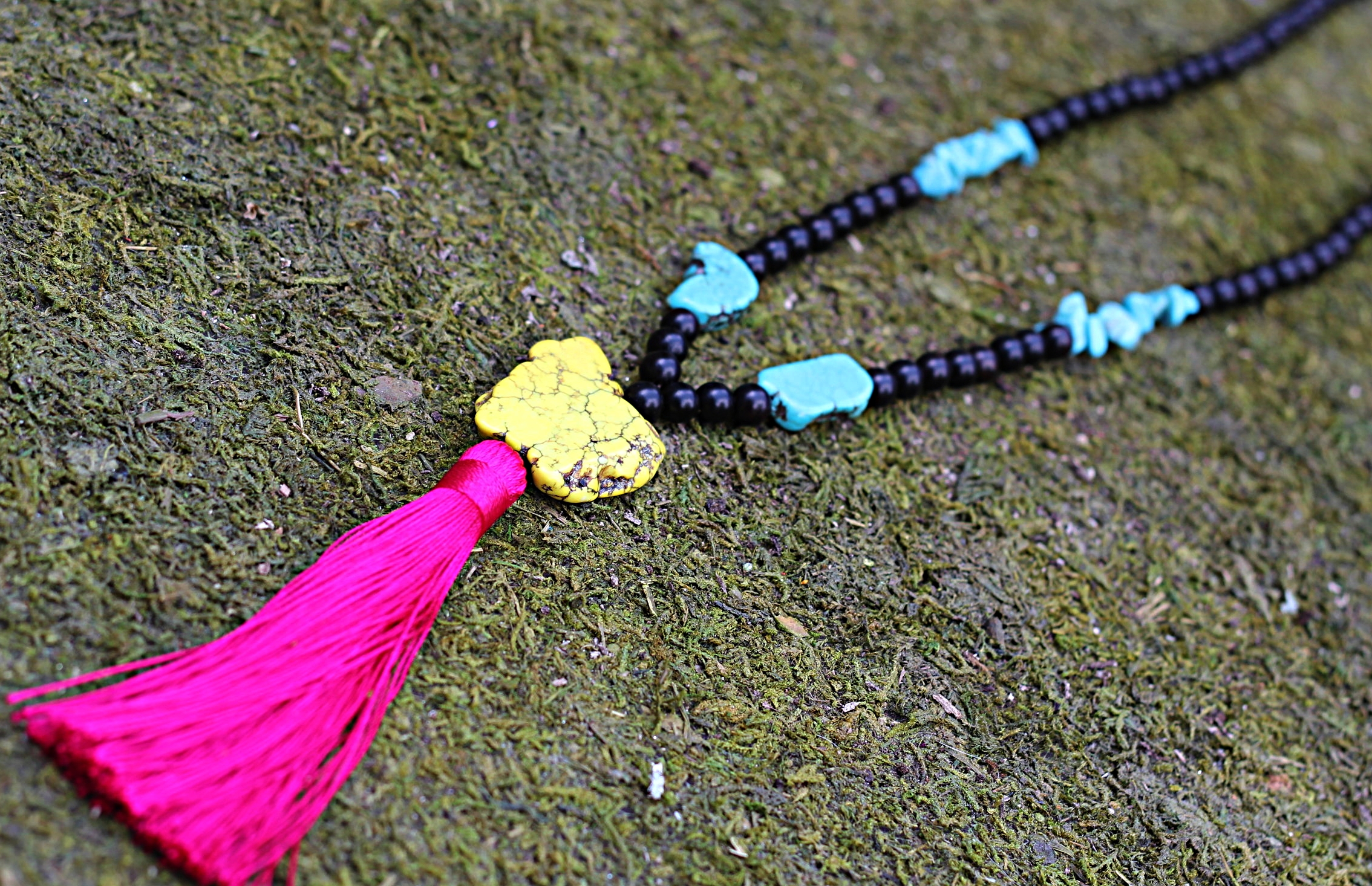 Silk Tassel on Yellow Agate and Black Driftwood