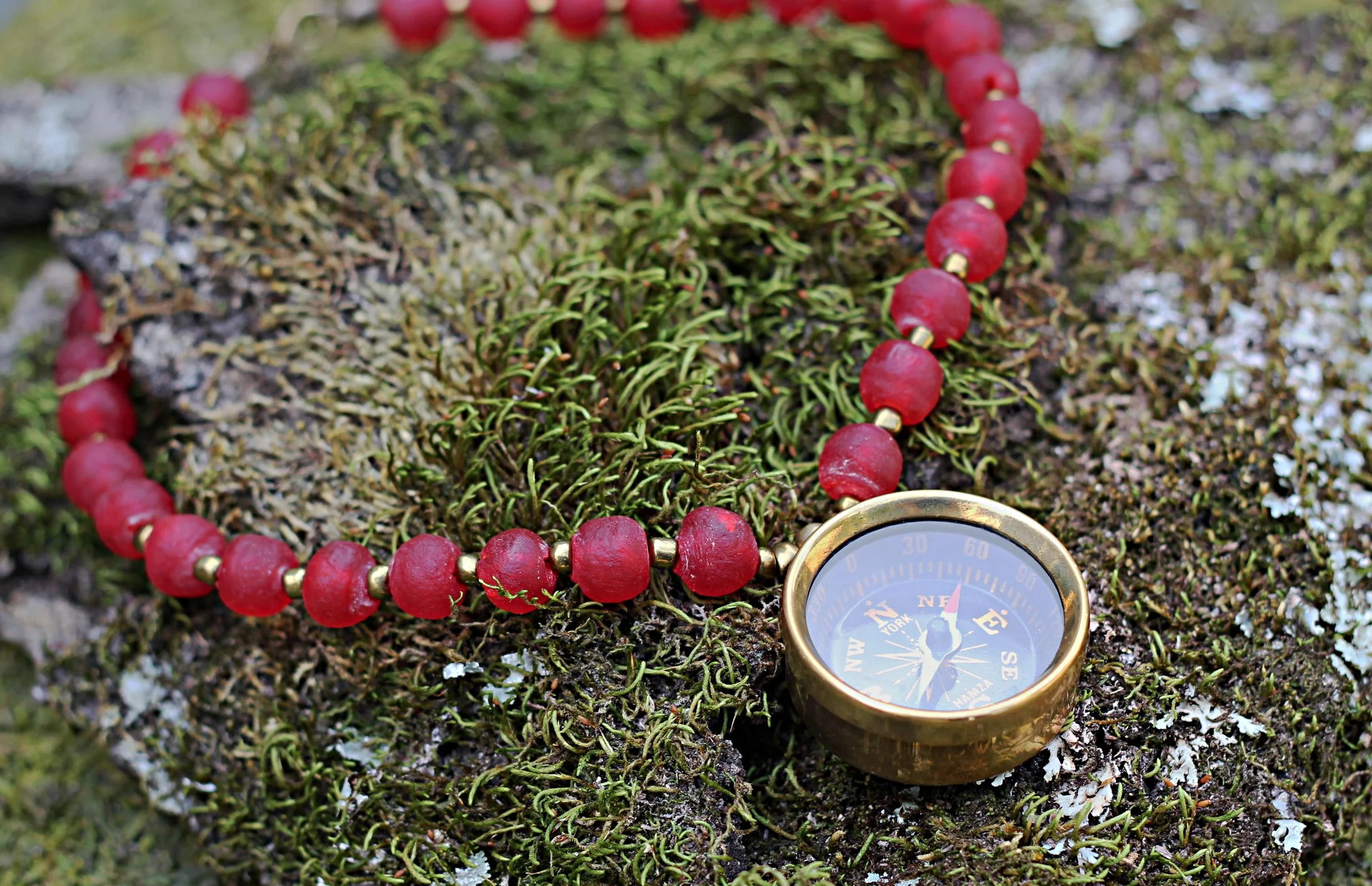 Brass Compass on Red Trade Beads