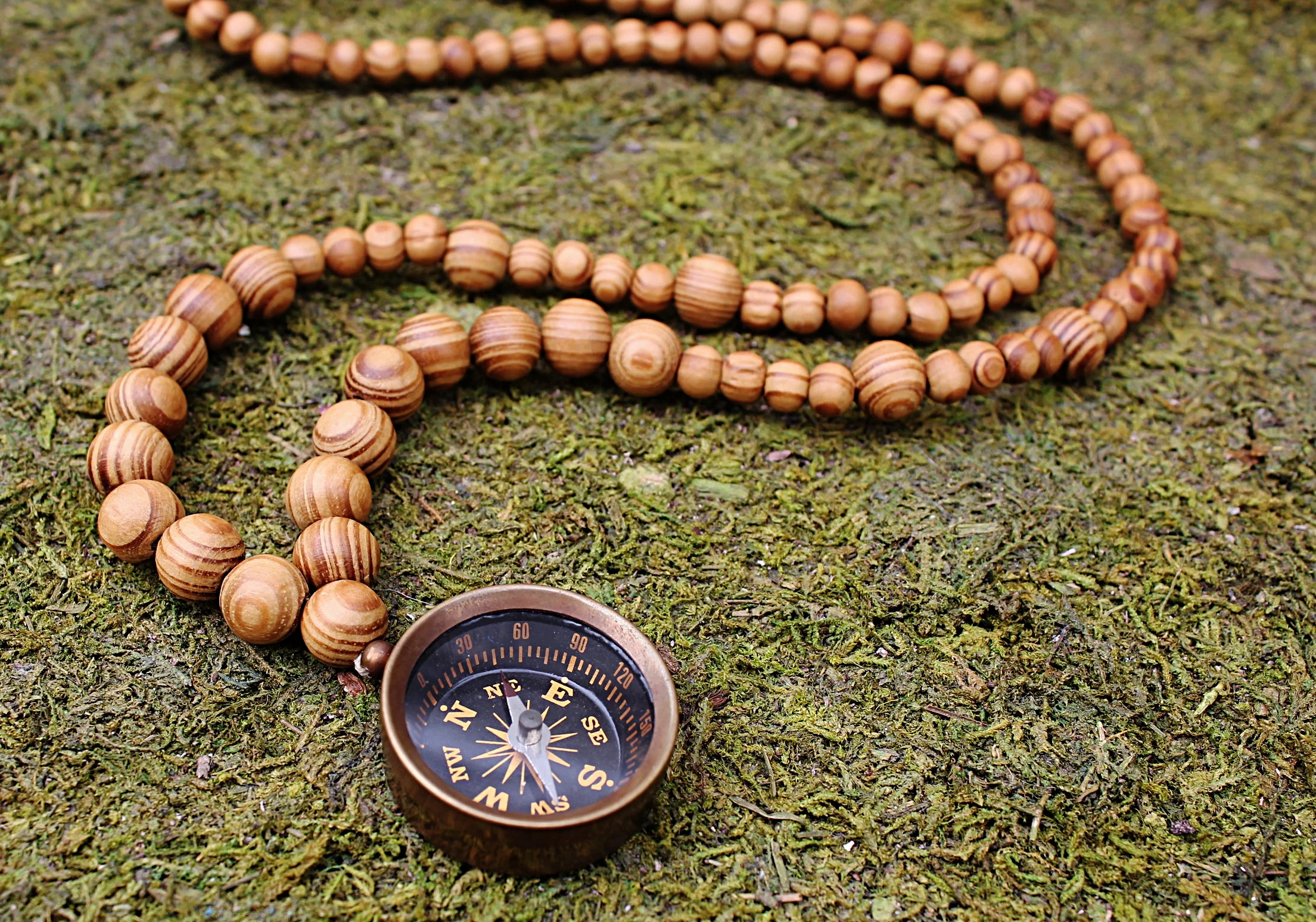 Brass Nautical Compass on Driftwood Beads
