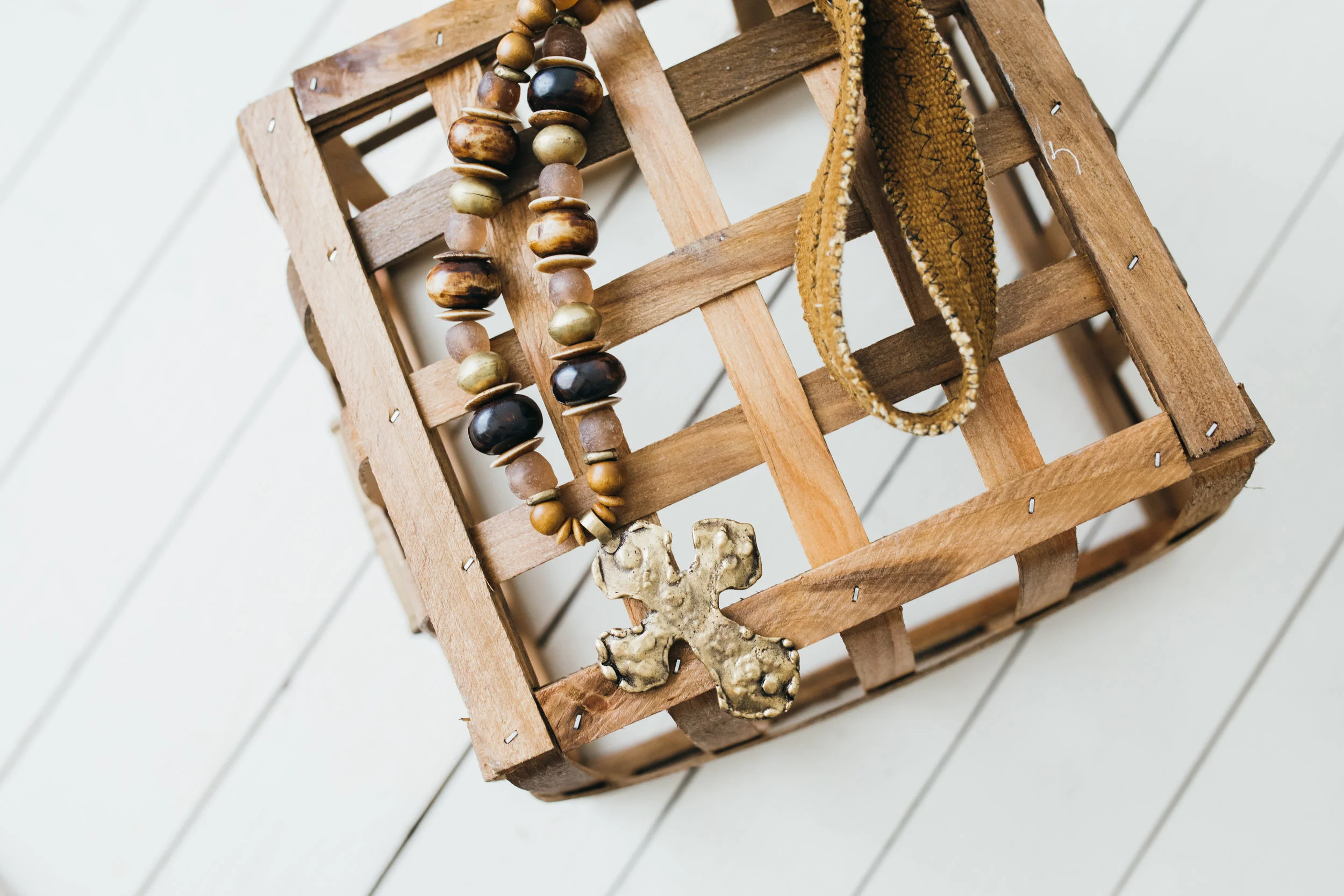 Mudcloth Cross + Brown Bone Beads