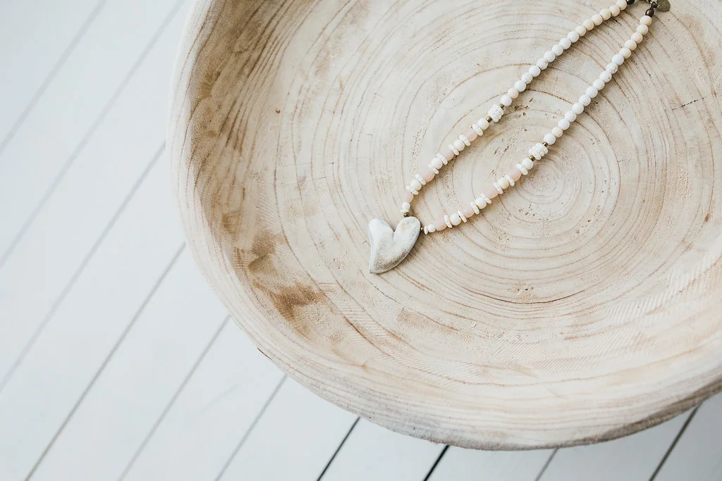 Heart on White Wood + Pink African Glass