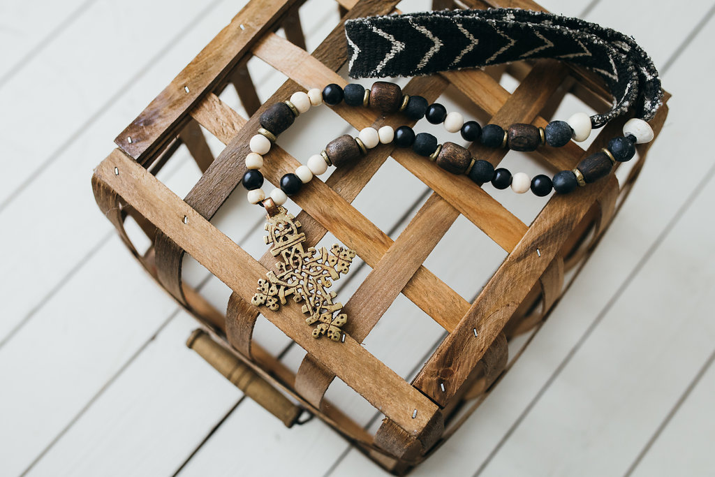 Ethiopian Cross on African Beads + Mudcloth Strap