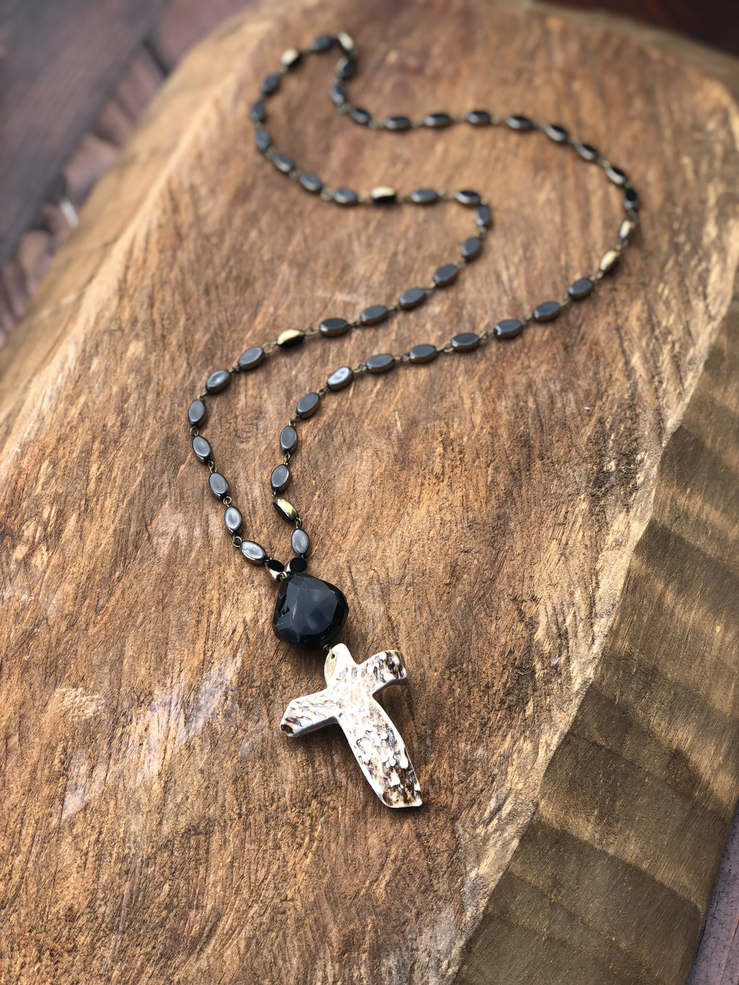 Antler Cross with Black Pendant Stone
