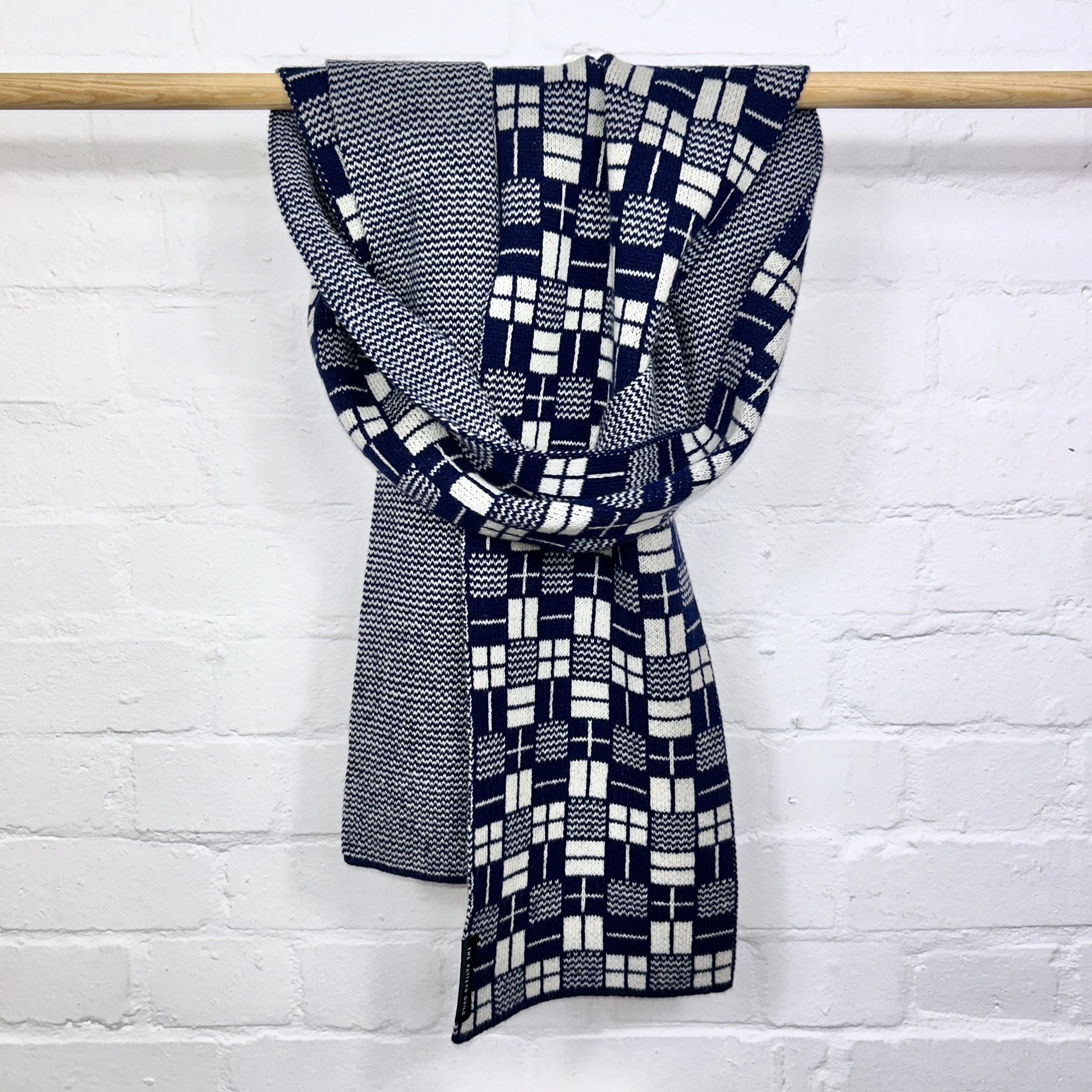 Binary Pattern Lambswool Scarf Navy and White
