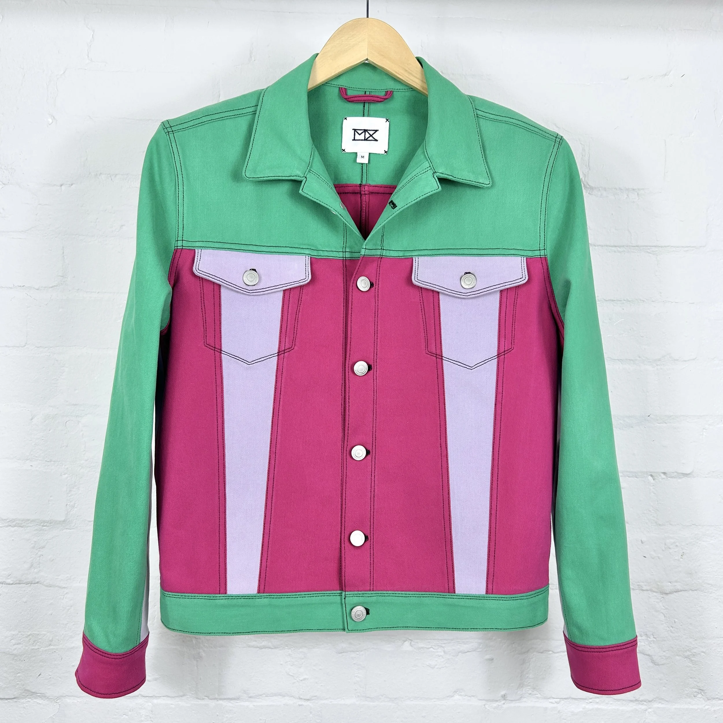 MX Repurposed Denim Jacket Pink and Green - Medium
