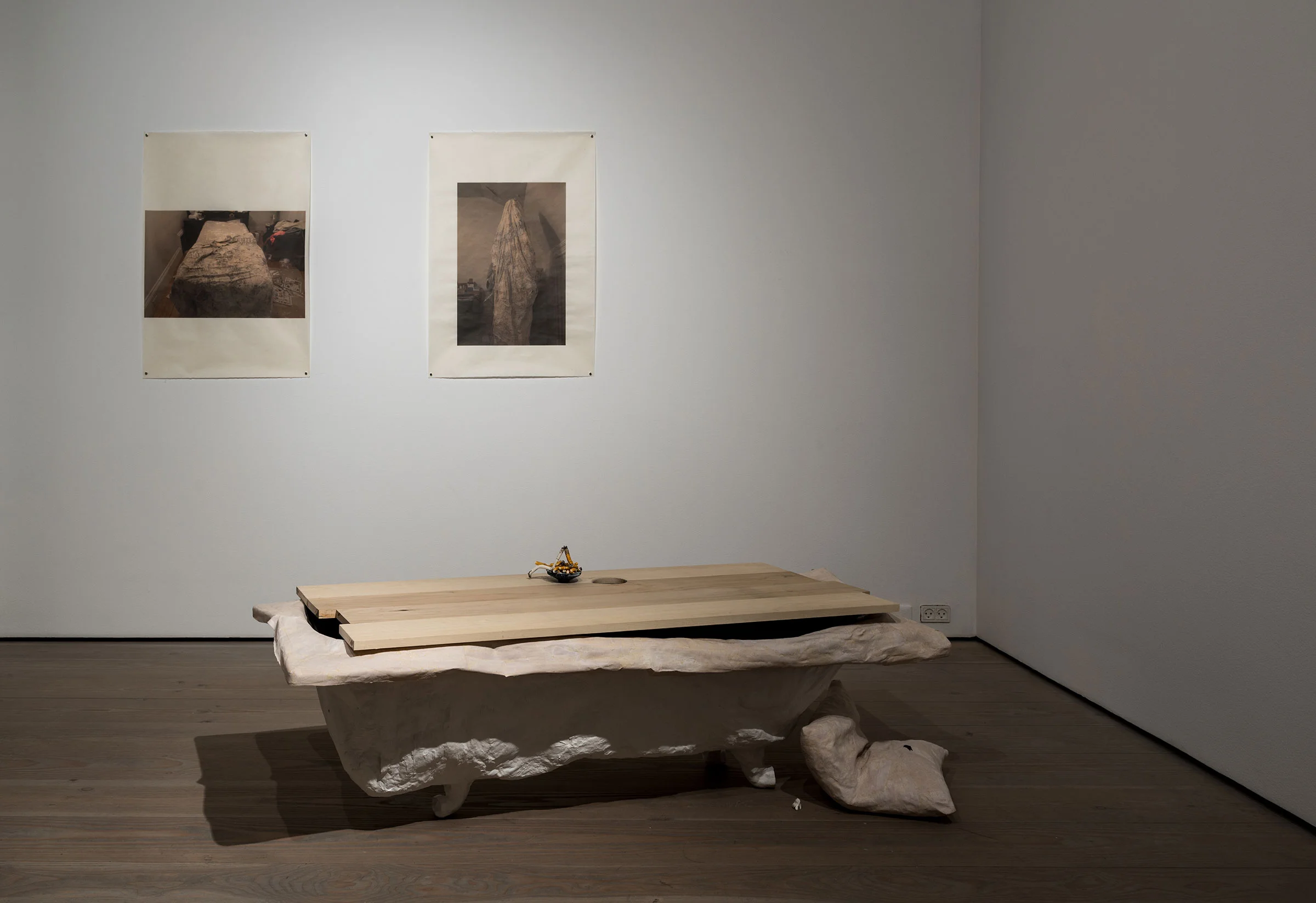 The Sponge, the cloth, the cross, the hairs i : installation shot GL STRAND, Copenhagen | photograph by Alastair Philip Wiper | papier-mâché, clay, gouache, enamel | 36INx40INx72IN