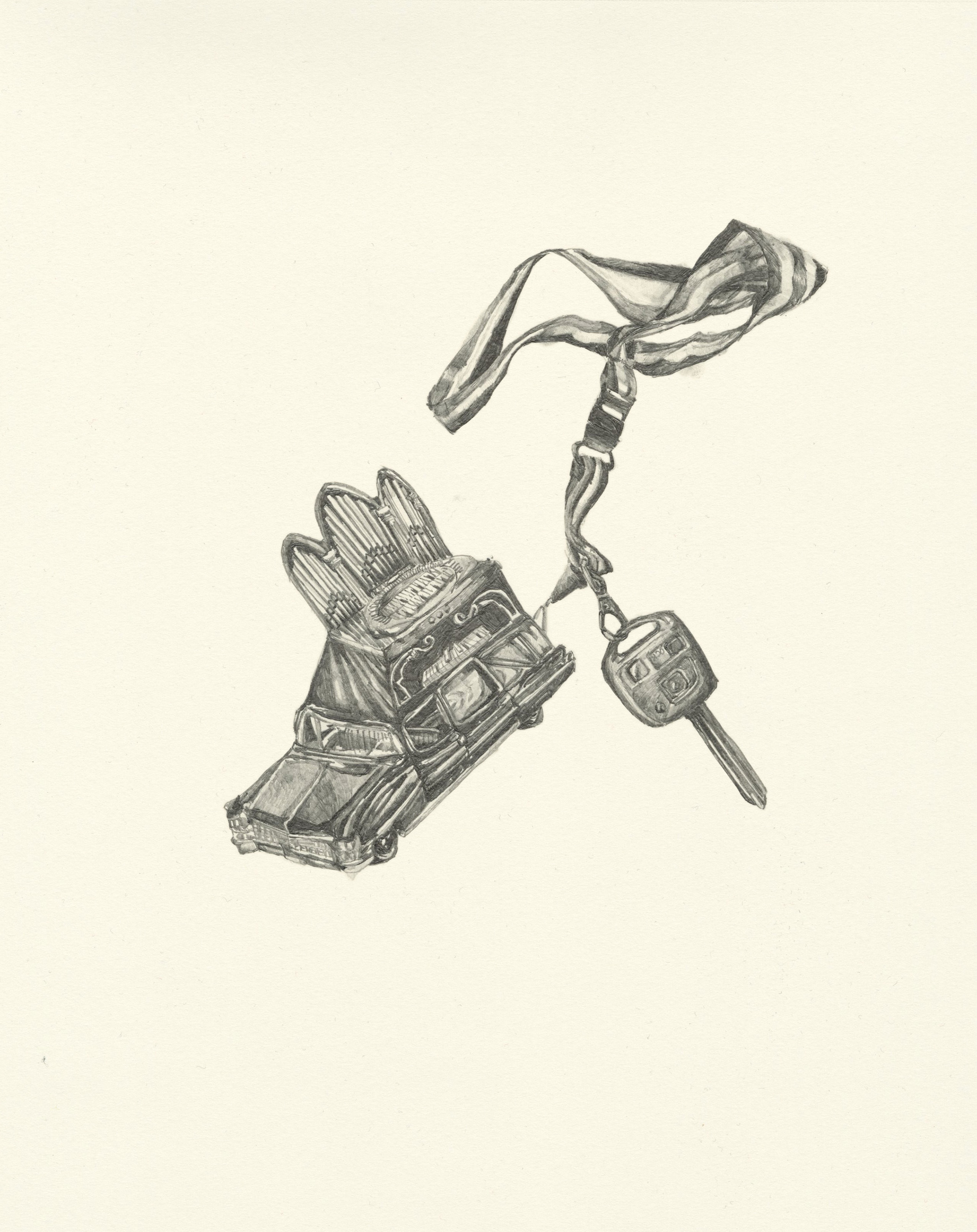 My Boyfriend is a Peacekeeper xvi | graphite on paper | 9.5INx12IN Excerpt from My Boyfriend is a Peacekeeper Book: I had this keychain carved as a reminder. It is actually a music box with a turning arm.... I would walk the roads and rotate the tiny arm that stuck out like a bone as slowly as possible. It was like buying time and had numerous imaginary implications. 