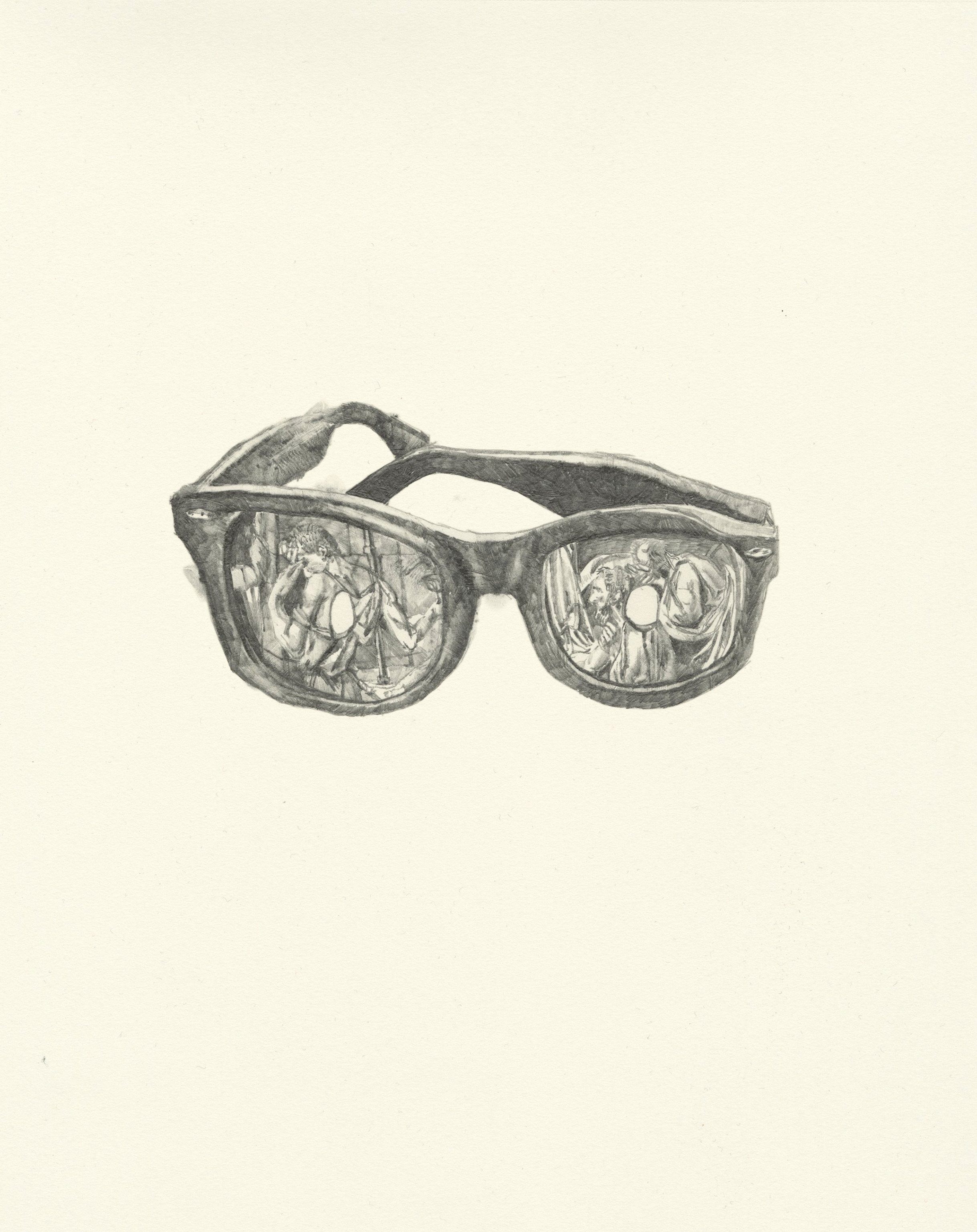 My Boyfriend is a Peacekeeper xiii | graphite on paper | 9.5INx12IN Excerpt from My Boyfriend is a Peacekeeper Book: I picked you up some sunglasses, one eye is exposed and one is covered. They enable to viewer to see the world through the dual lens of life and death, though when I was wearing them I would alternate every 24 hours: Monday death, Tuesday life, Wednesday death...and then...Monday life, Tuesday death, Wednesday life...