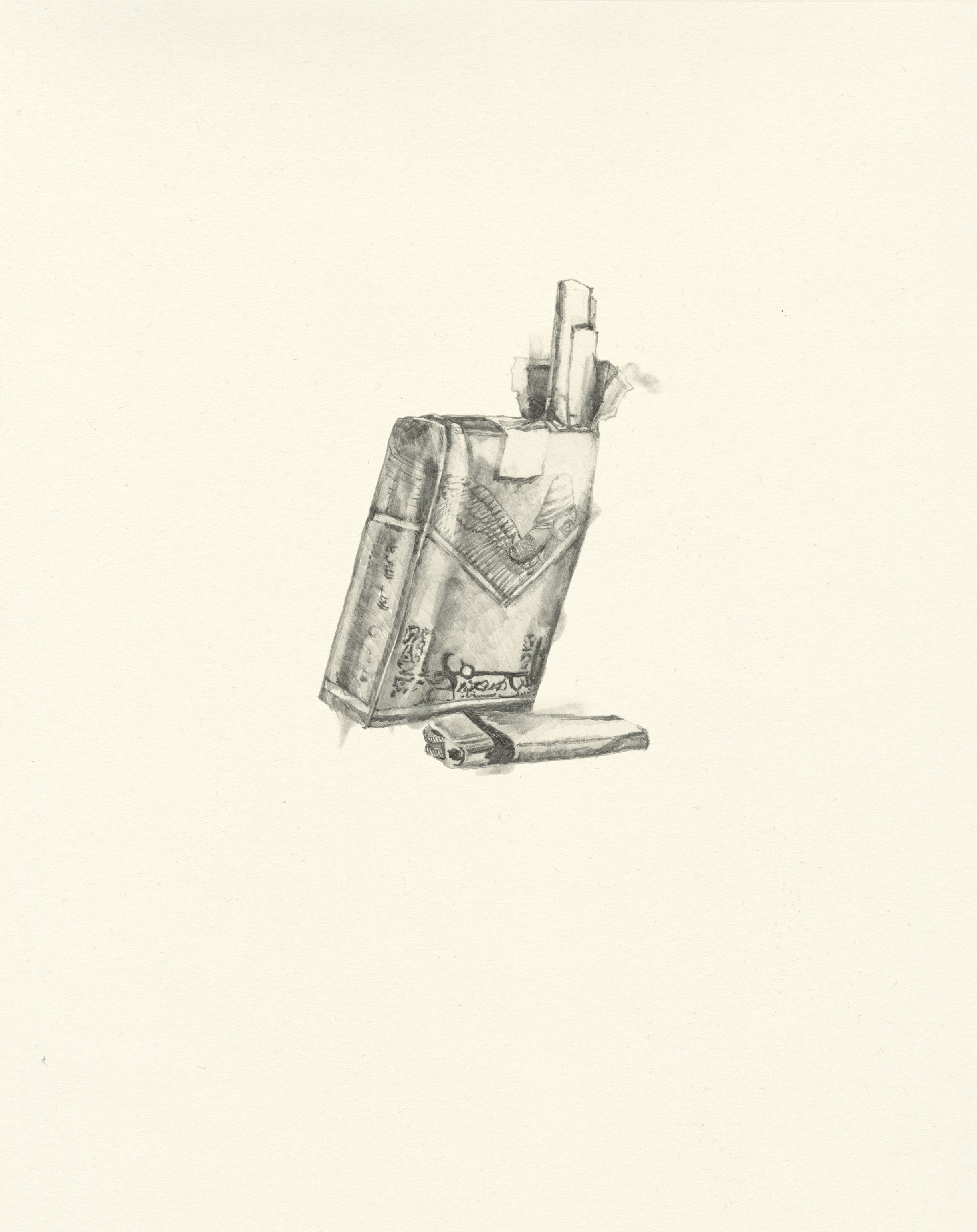 My Boyfriend is a Peacekeeper ix | graphite on paper | 9.5INx12IN Excerpt from My Boyfriend is a Peacekeeper Book: They burn everything here - cigarette pack labels have taken on a more global kind of self consciousness, like memento mori on the scale of not individual but human tragedy. Death seeps through the stone cracks and embeds itself in pulp and plastic. Nothing is beyond corruptible. This explains my desire to start smoking, and I think that you should too. 