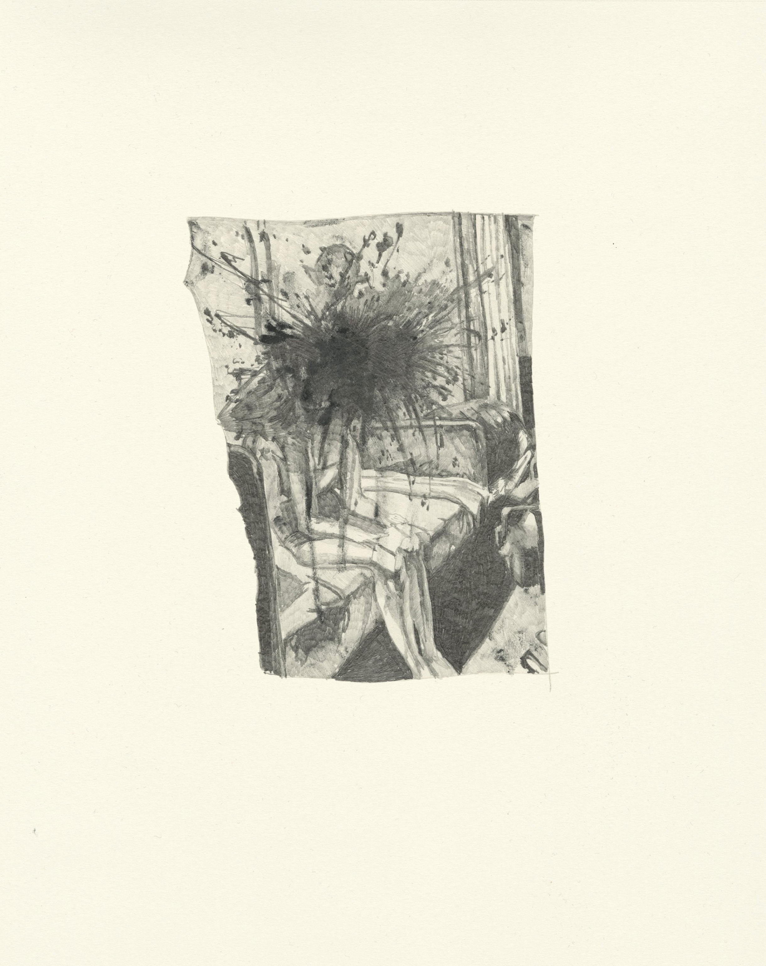 My Boyfriend is a Peacekeeper vii | graphite on paper | 9.5INx12IN Excerpt from My Boyfriend is a Peacekeeper Book: And then, in a panic over some truly abstract menace - one utterly formless - I fired and killed one of my compatriots who happened to be skimming an Edward Hopper monograph. I've been trying to paint the result of that violence ever since. 