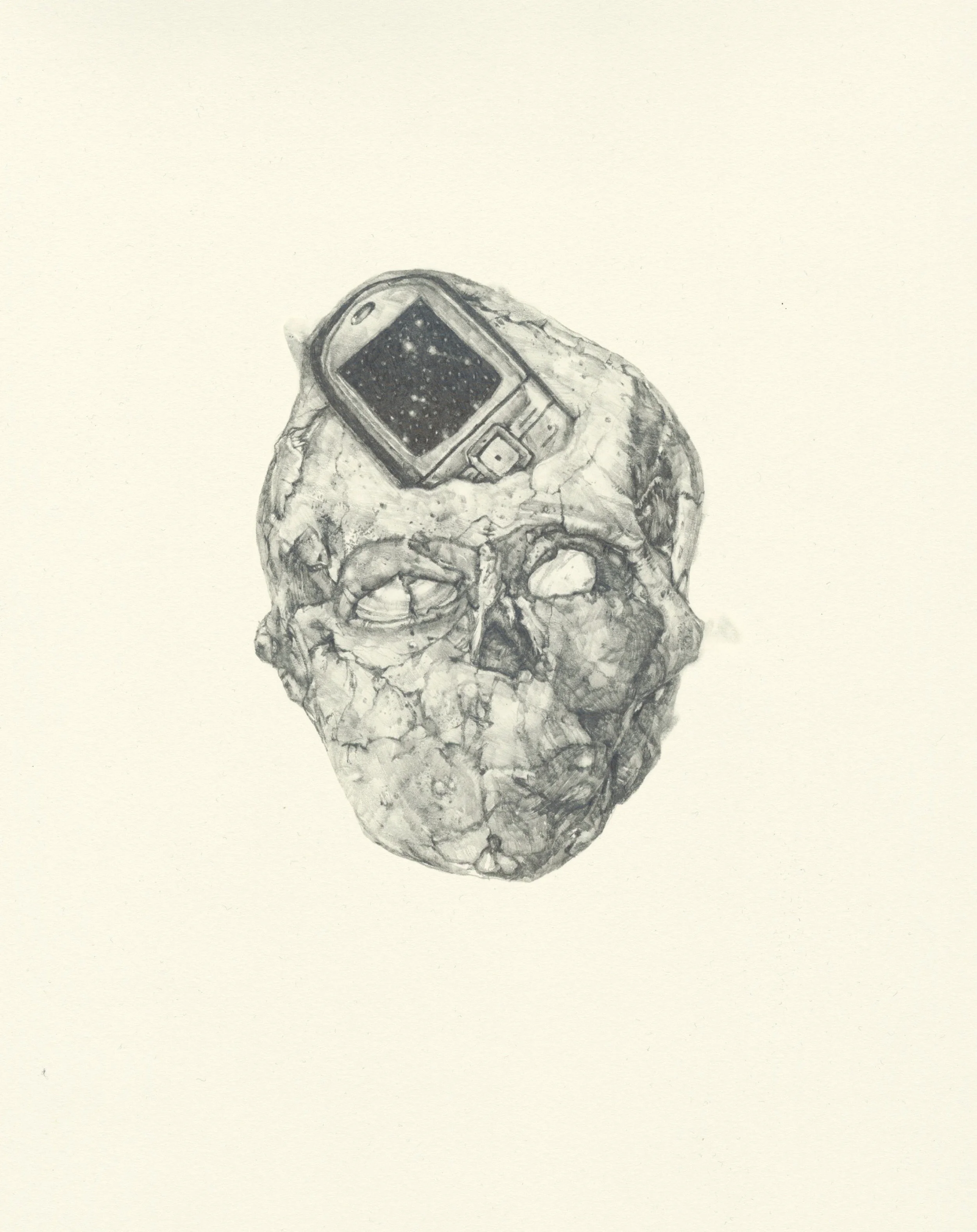 My Boyfriend is a Peacekeeper xxv | graphite on paper | 9.5INx12IN Excerpt from My Boyfriend is a Peacekeeper Book ii : I dreamt of her head again. Disembodied. But this time there was this aura of light she was awash in. Purple. Like lilacs and stain glass. She never has eyes, save for that one time she had one eyeball that would roll back and forth between eye sockets - elegant and moist as if those caverns were made for hypnotic operations that slow down time.