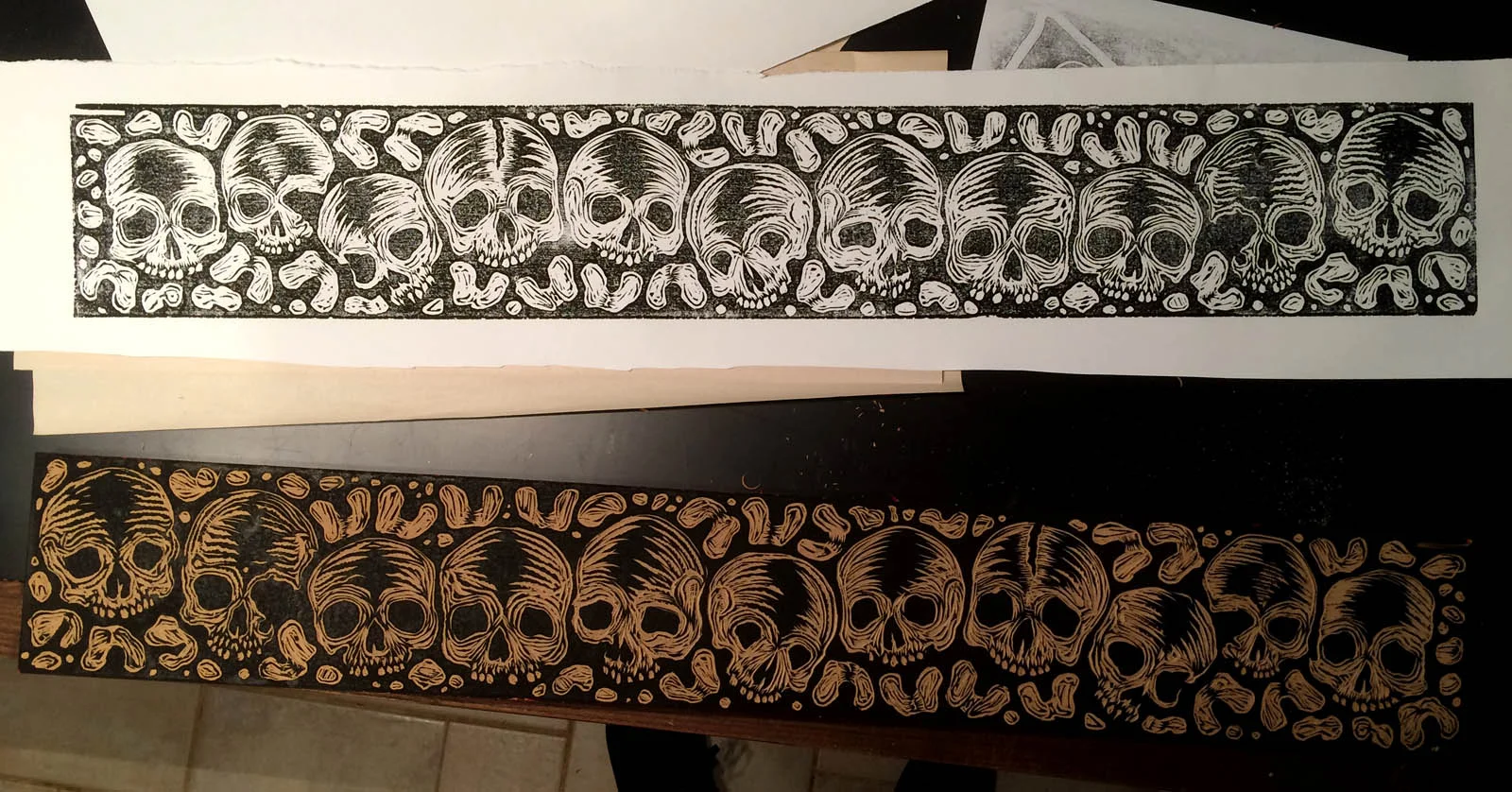 CATACOMBS II, WOODCUT PRINT AND BLOCK, 48" X 8", 2016