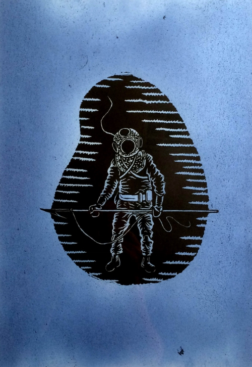 Diver I, Woodcut on Dyed Paper