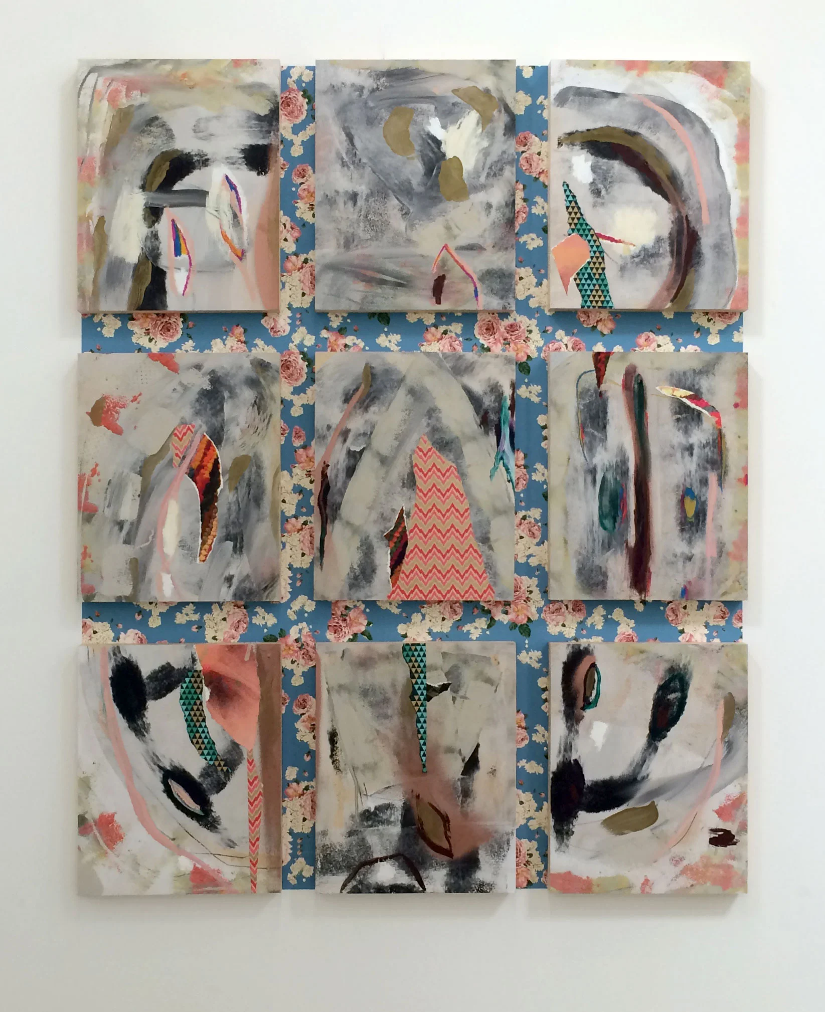 Love Rhymes With Hideous Car Wreck, 2015 Oil, acrylic, and pigment print collage on panel on 9 panels over custom wallpaper; 63"x51"
