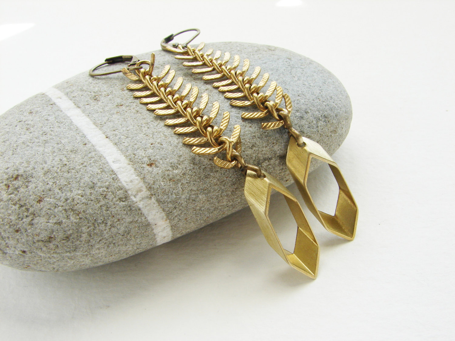 Fishbone drop earrings, Hexagon drop earrings