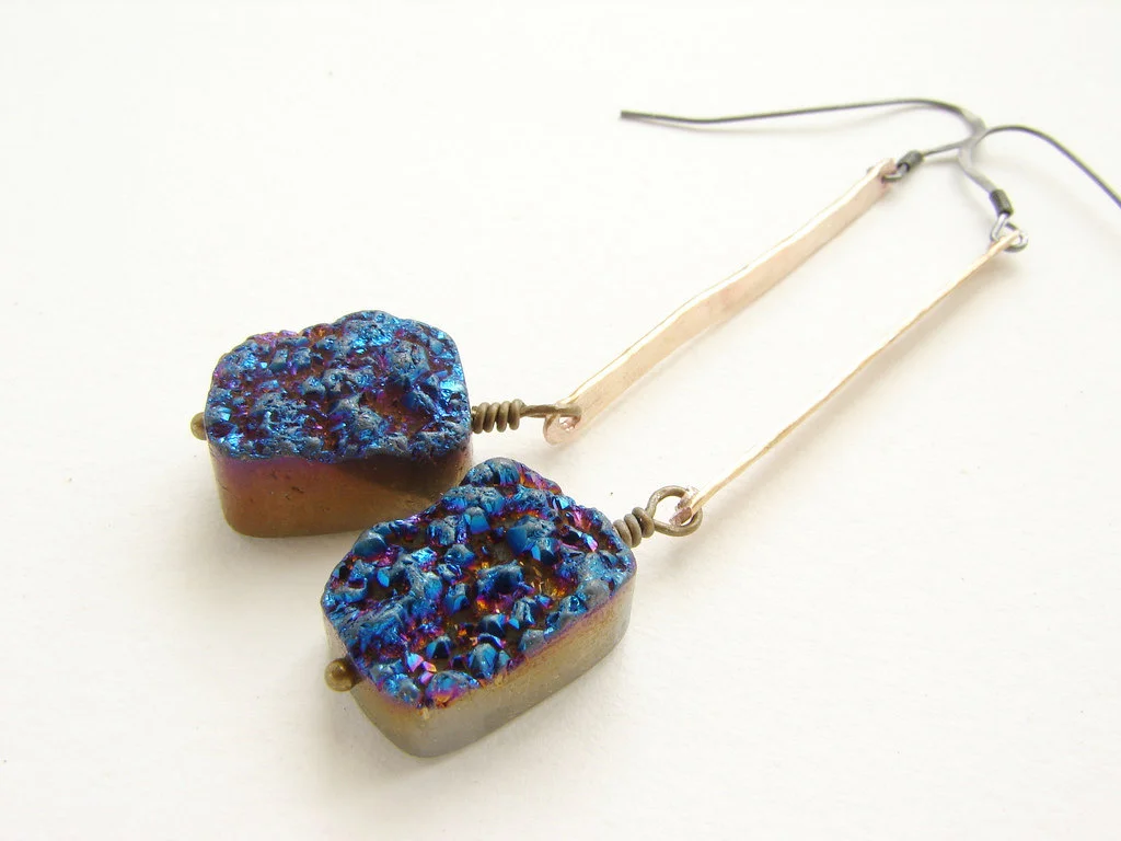 Druzy drop earrings, gold bar dangle blue druzy drop, b