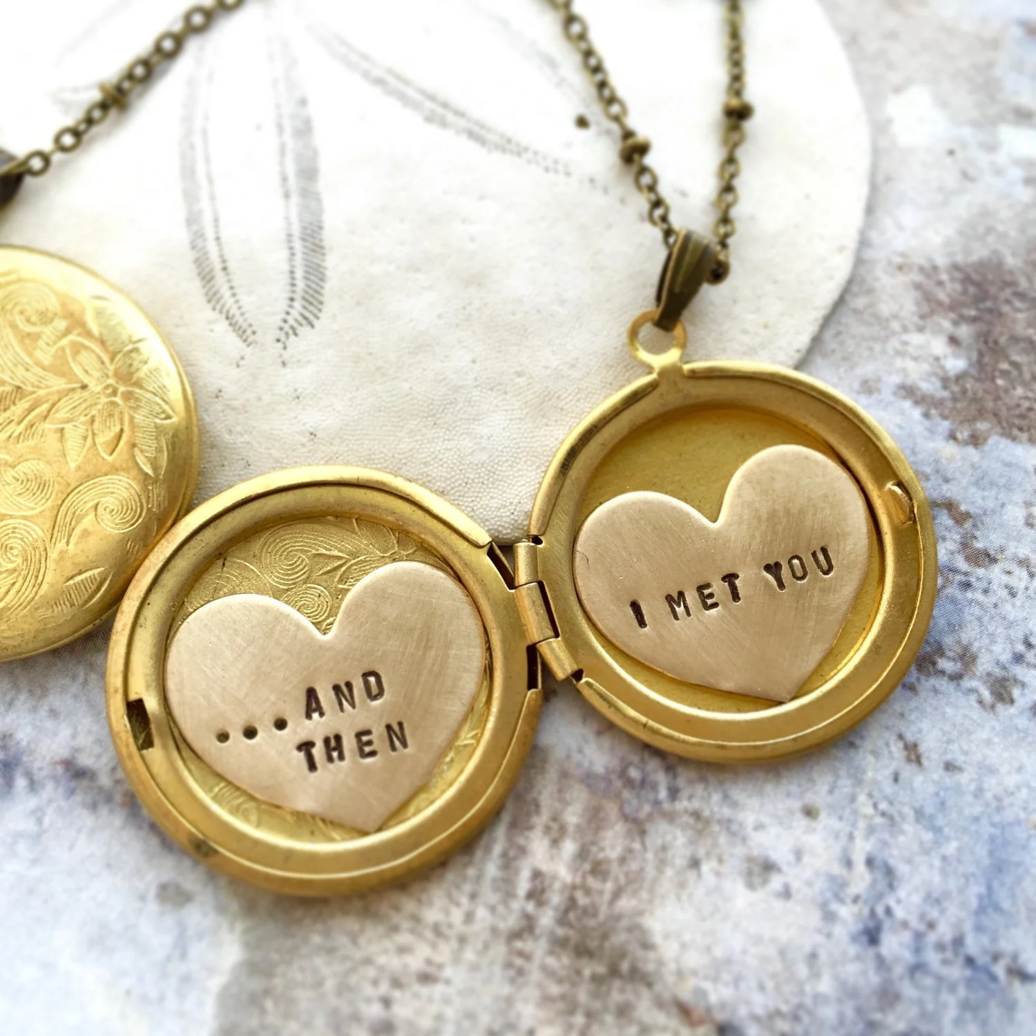And then I met you, Valentine's necklace, custom hand stamped message, heart locket necklace