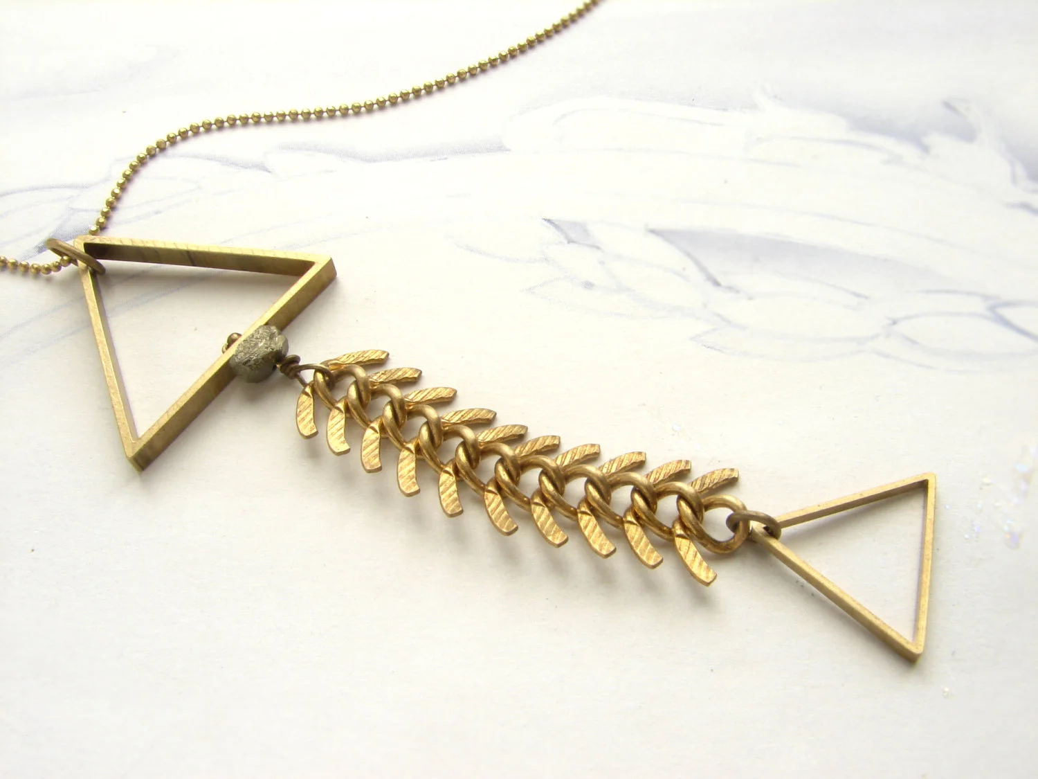 Fishbone statement necklace, fish bone, abstract geometric triangle pyrite necklace