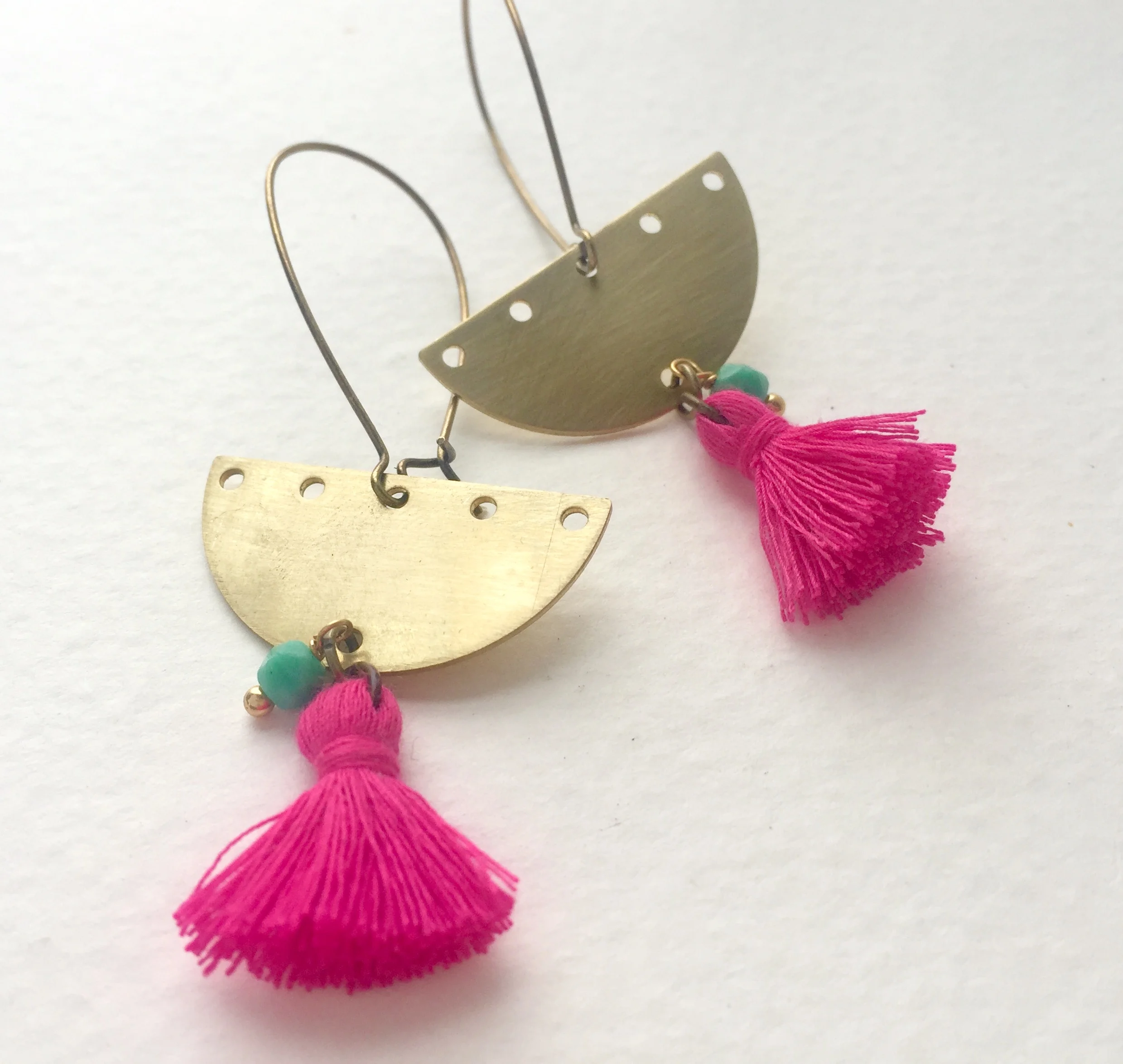 Half Moon Tassel Earrings, Fuchsia and Mint 
