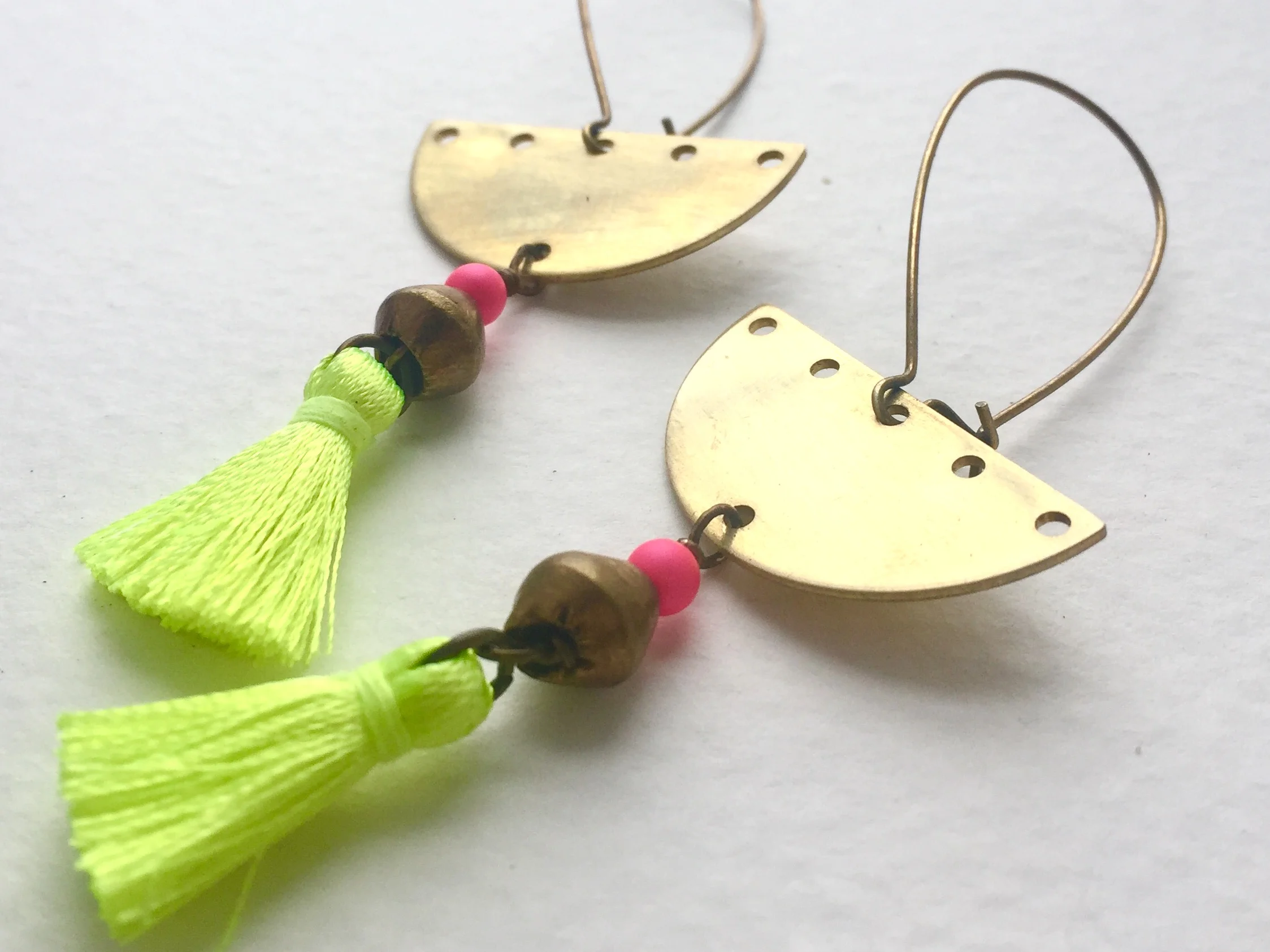 Half Moon Tassel Earrings, Neon Green Boho Earrings