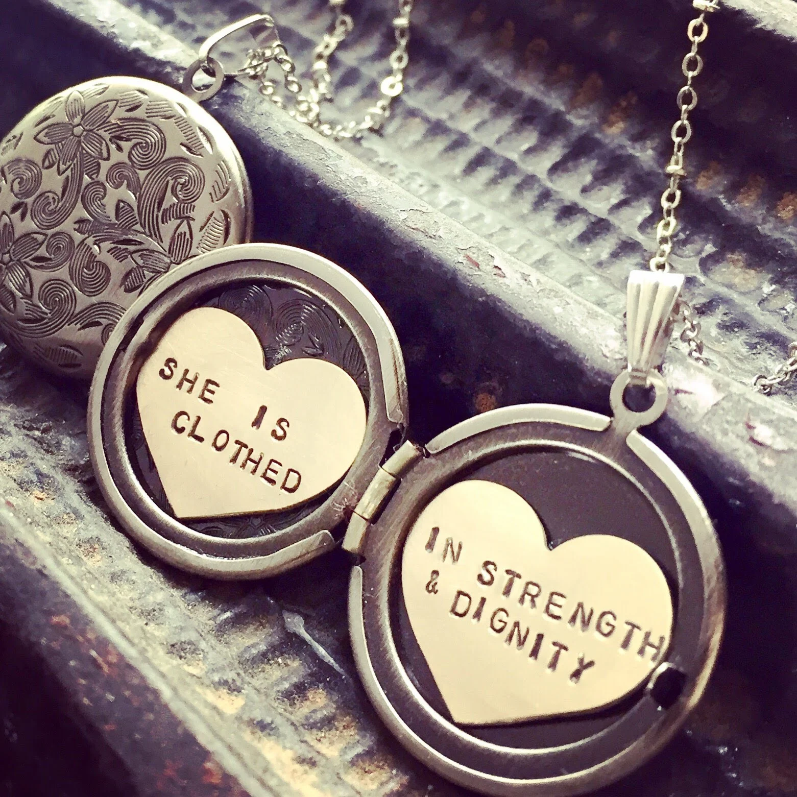 Custom proverb locket, hand stamped proverbs, heart locket necklace, She is clothed in Strength and Dignity 