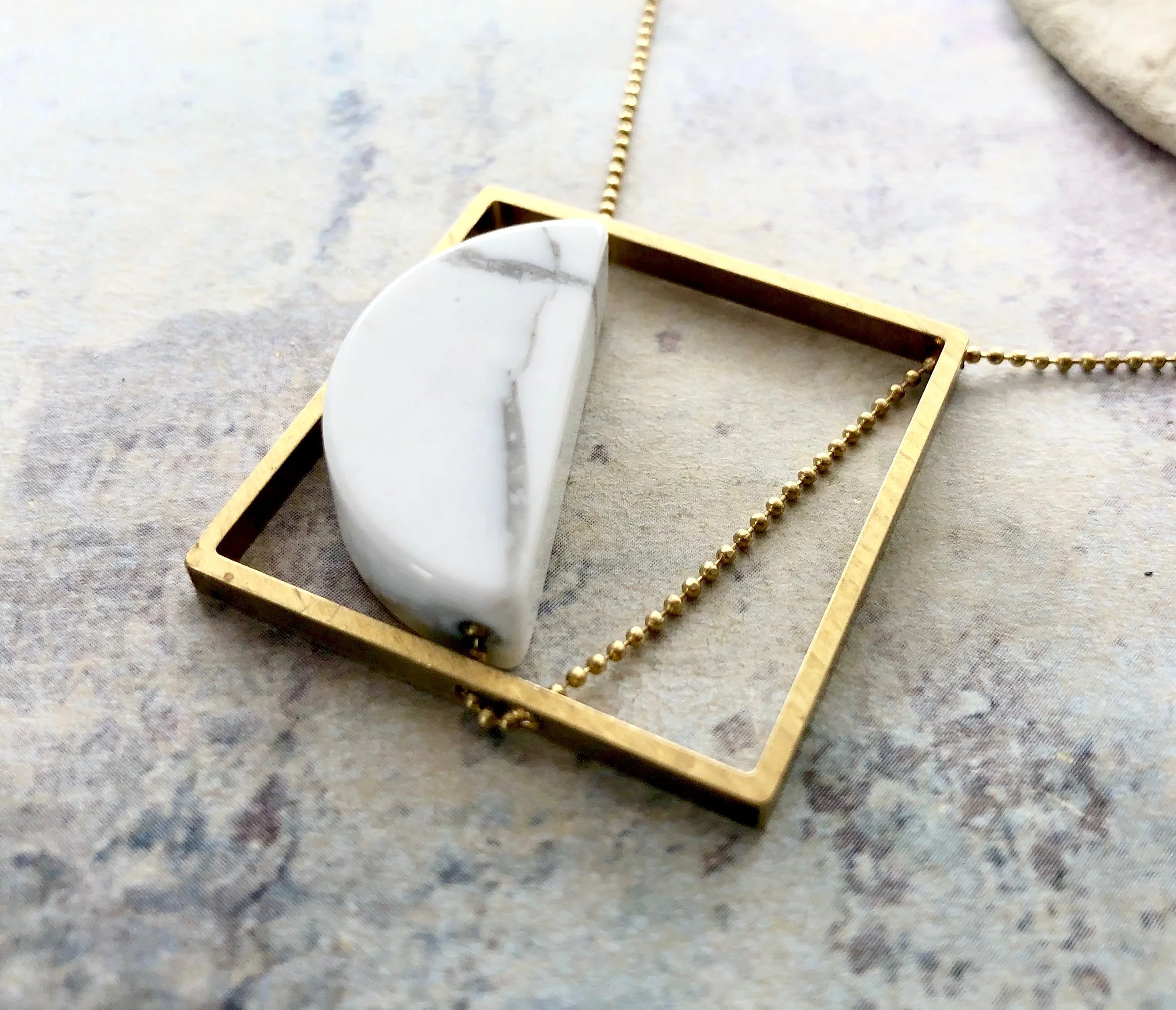 Framed Half Moon Necklace, Abstract Moon Necklace, Square half circle woven chain necklace