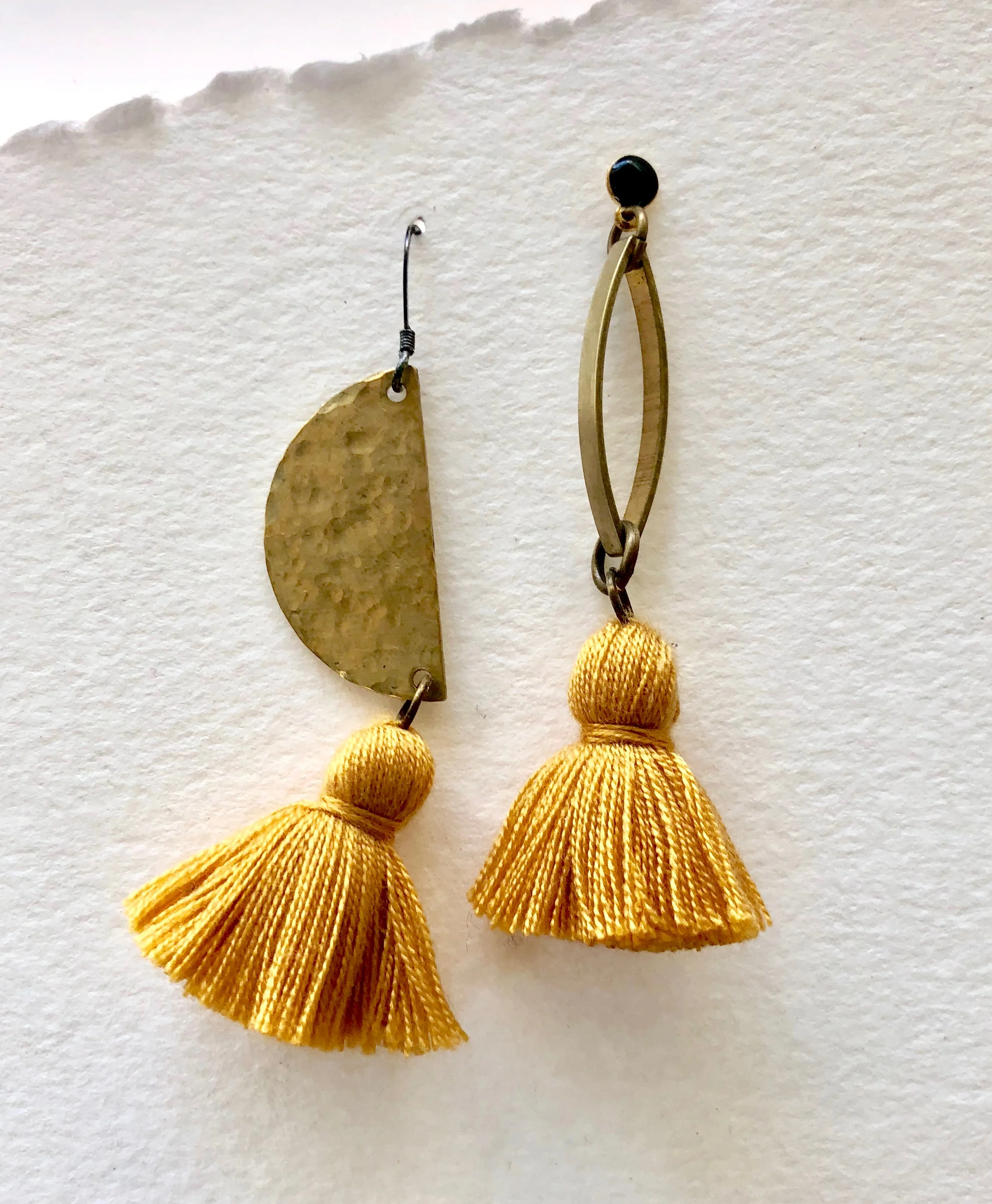 Mismatched Tassel earrings, Turmeric Tassel earrings, Half moon earrings