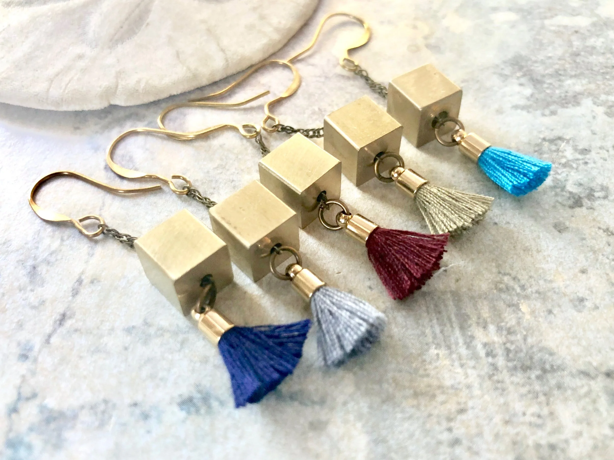 Cube tassel earrings, Geometric Tassel earrings