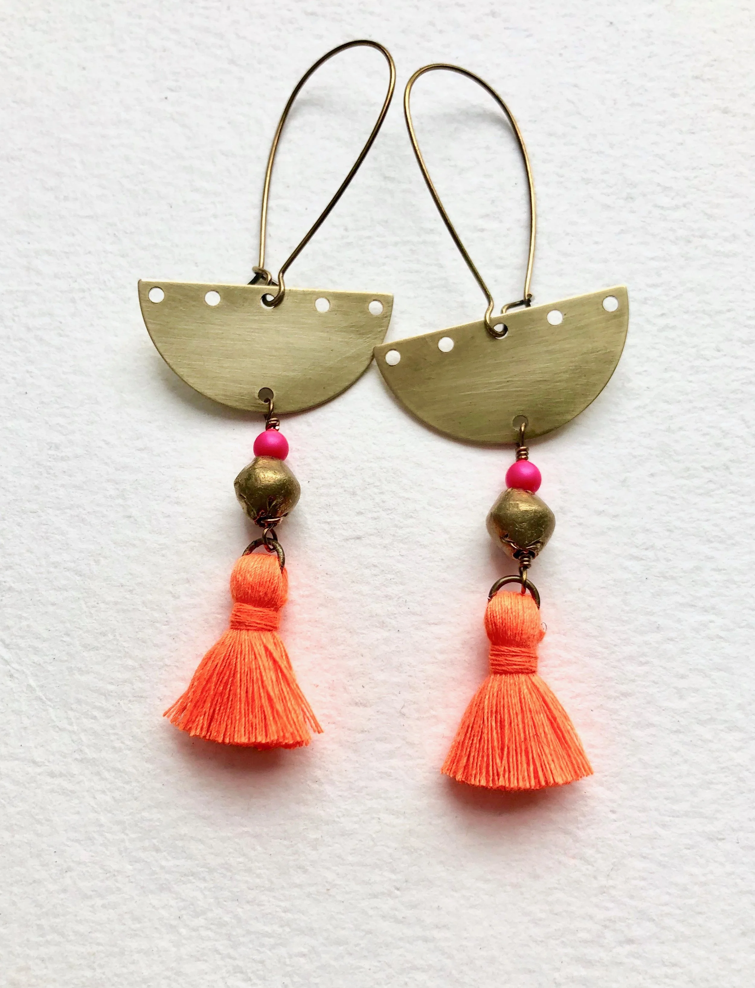 Half moon tassel earrings, Neon orange tassel earrings, Orange pink geometric earrings