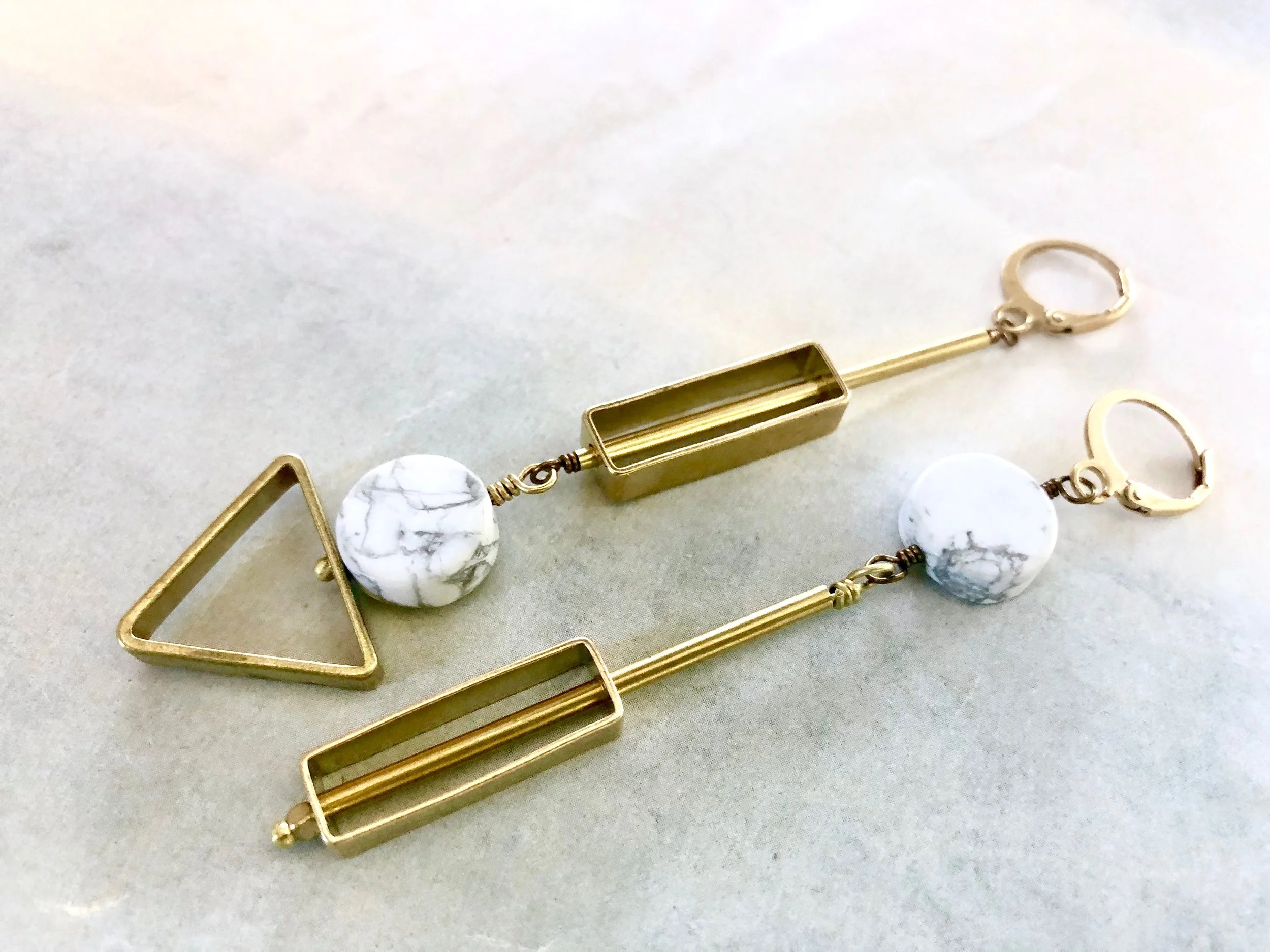 Mismatched Geometric Statement earrings, White Marble earrings, triangle rectangle circle earrings