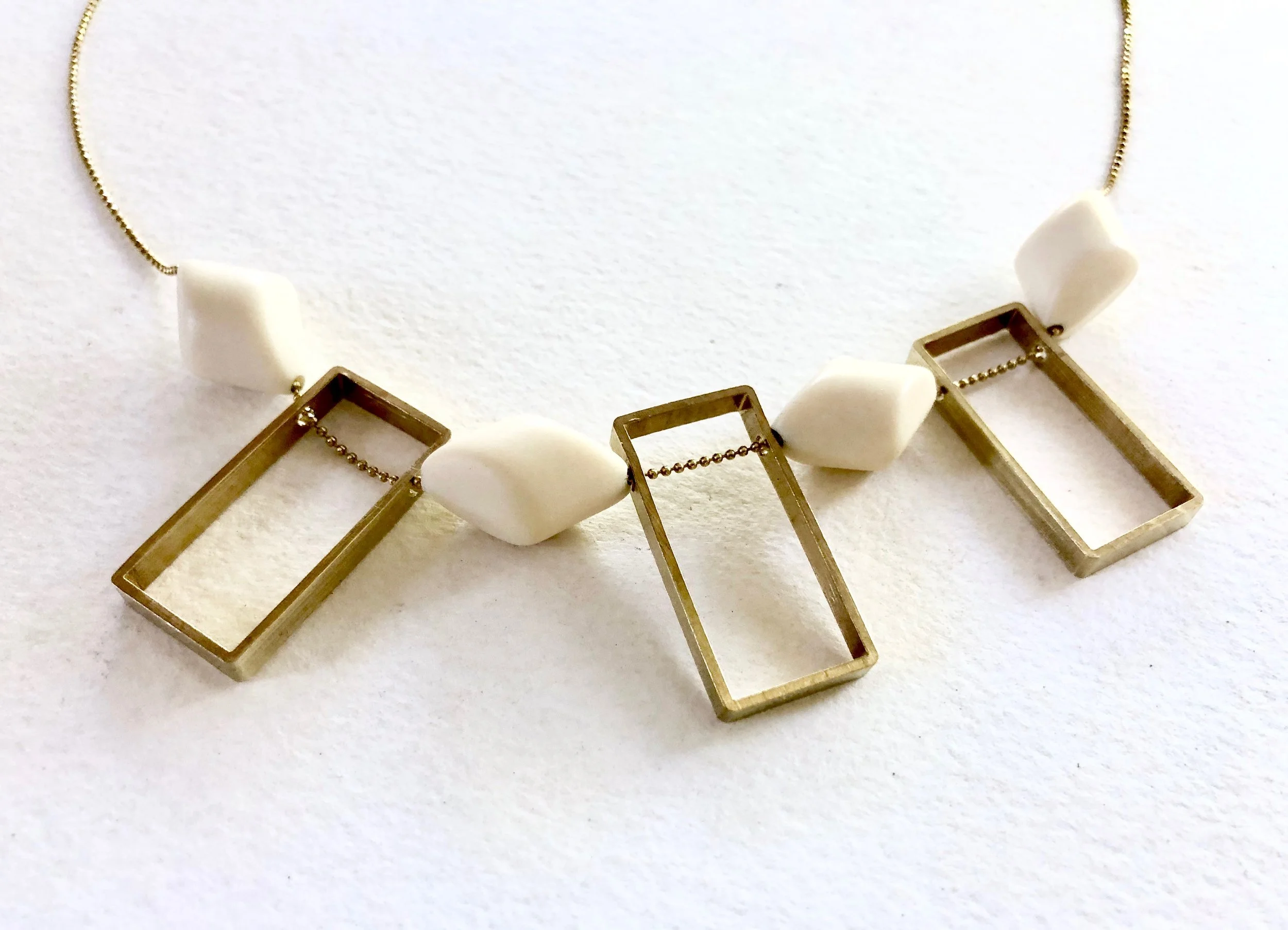 Art Deco Statement Necklace, Vintage Ivory Lucite Bead Rectangular Woven Chain Necklace