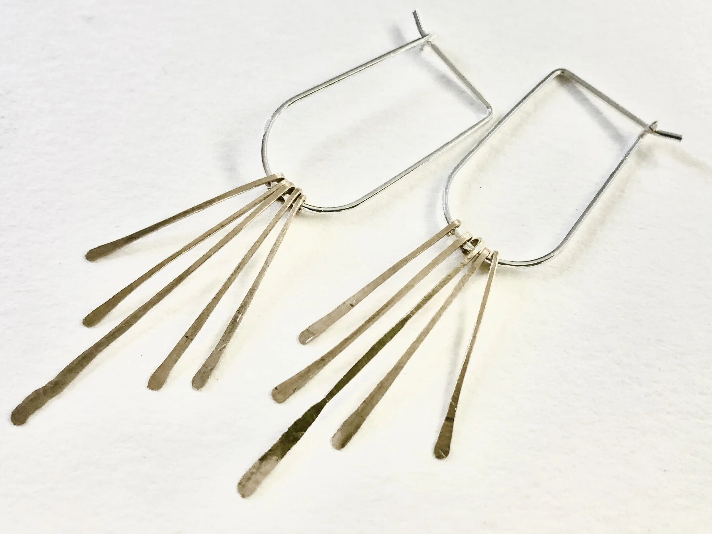 Mixed gold and silver hoop earrings, Sterling silver oval hoop with hammered brass bar