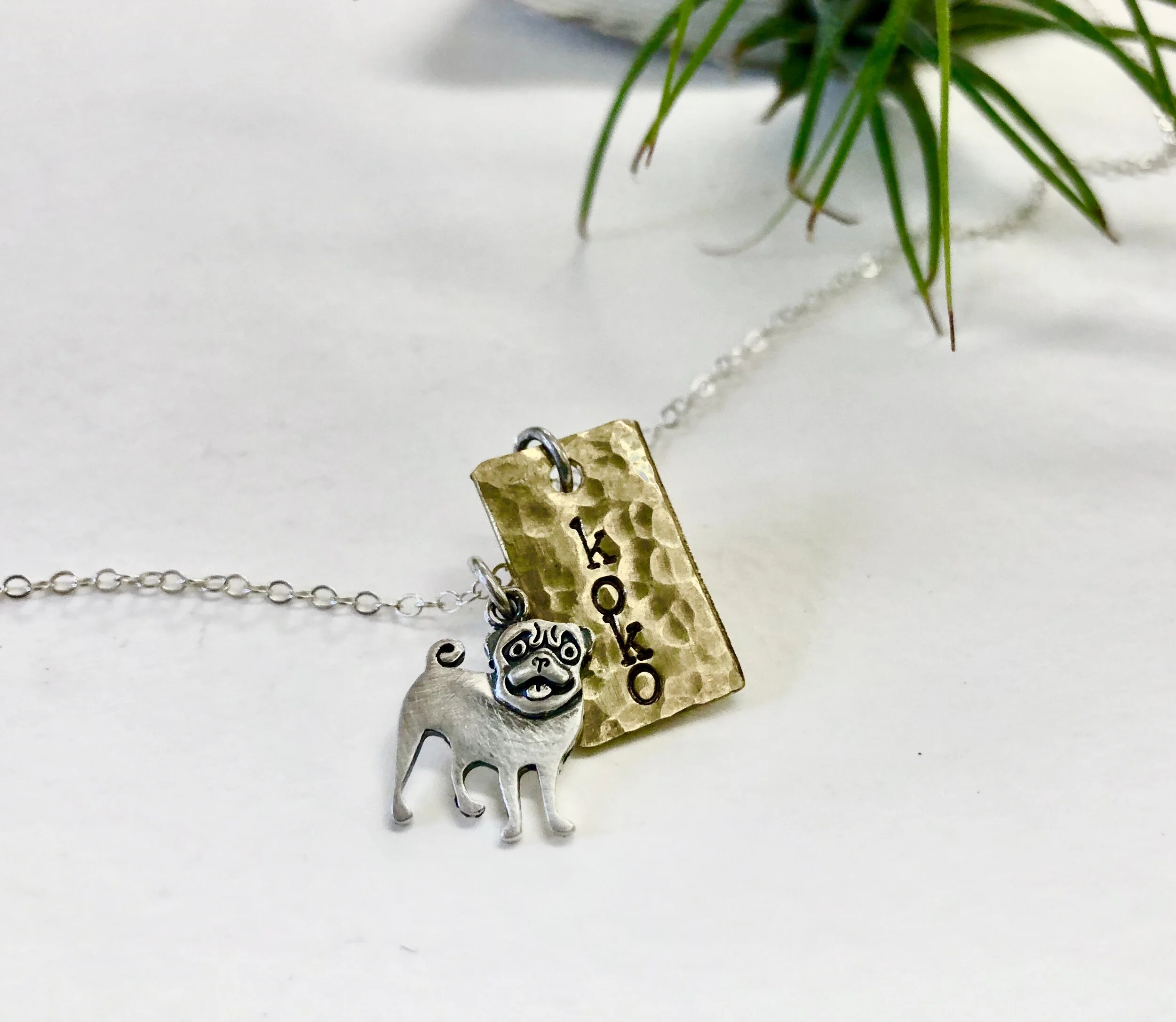 Personalized Pug Necklace, Engraved Custom Dog Name with birthstone, Initials, Dates