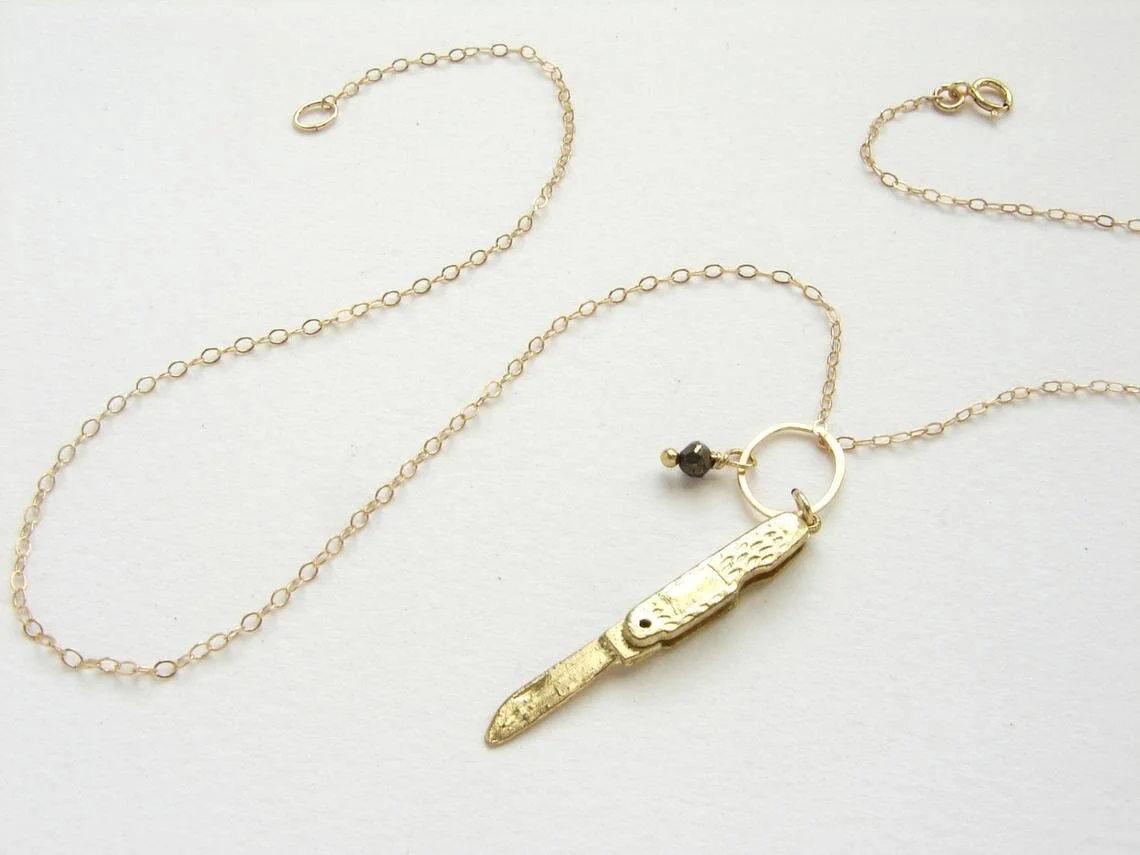 Gold Pocket Knife Necklace, tiny pocket knife charm necklace, miniature pocket knife charm