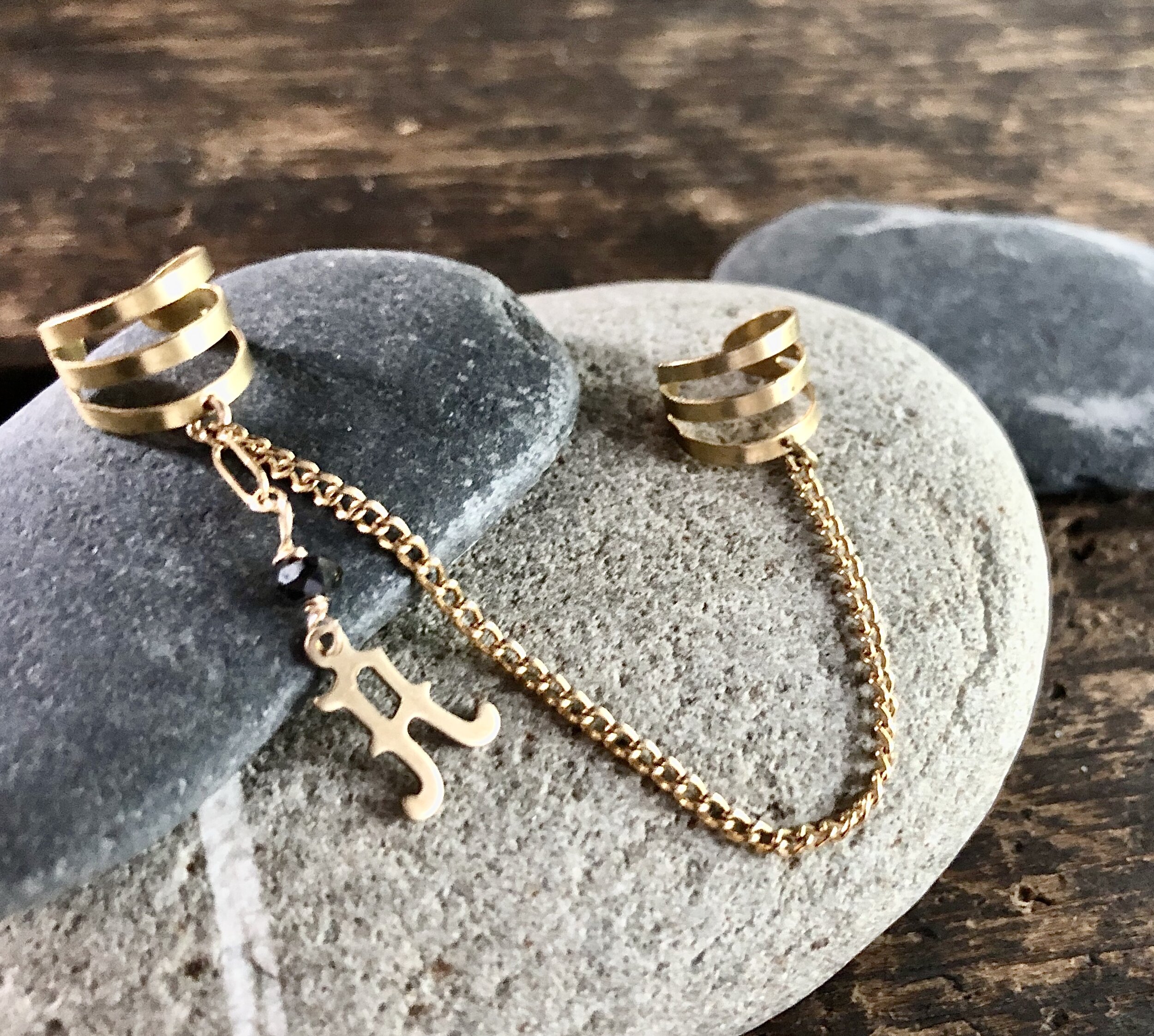 Gold Initial Ear Cuff, Double Ear cuff with Chain