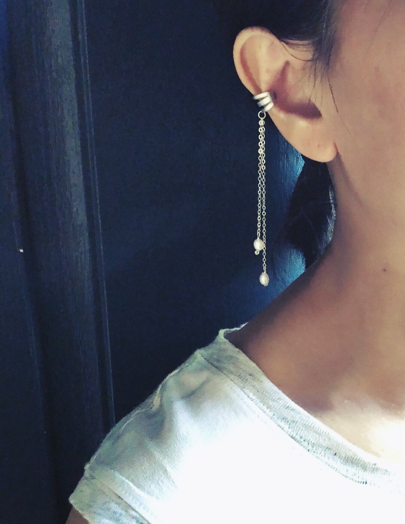 Silver Ear Cuff with pearl chain tassel