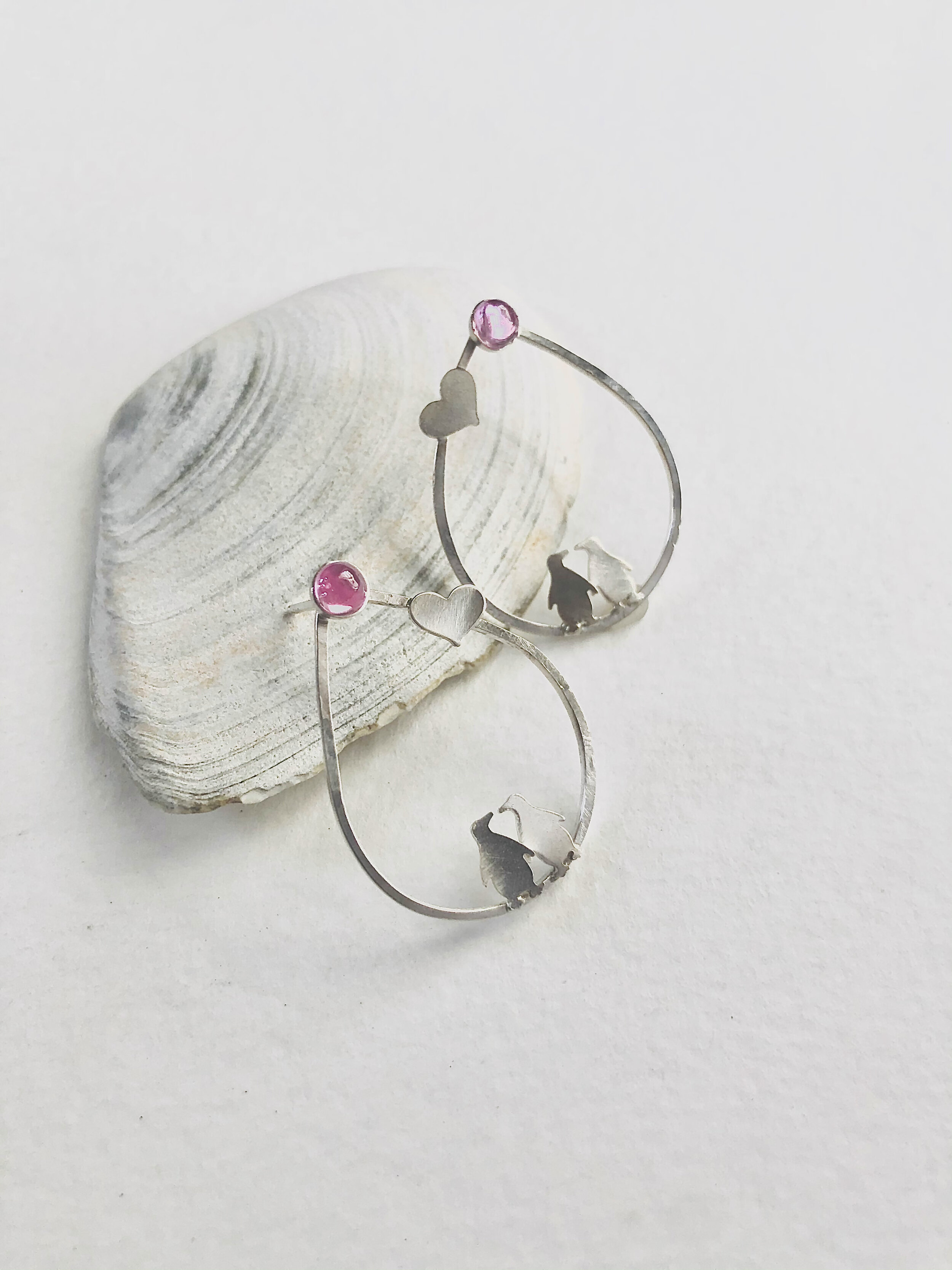 Penguins in Love post earrings, Pink Tourmaline and Sterling Silver Penguins