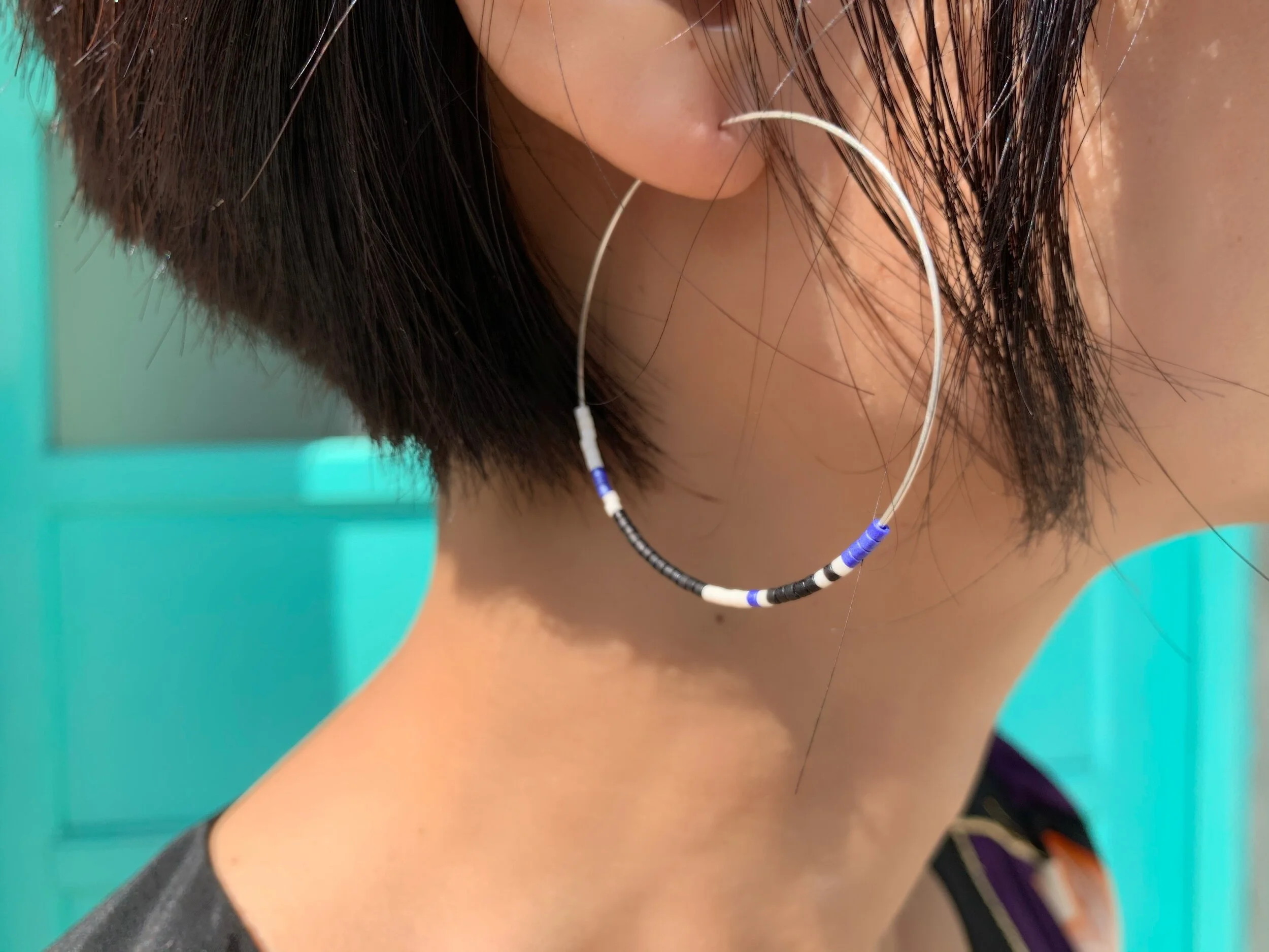 Blue Black White Gray Hoop Earrings, Color block seed bead hoops, Colorful Hoop earrings